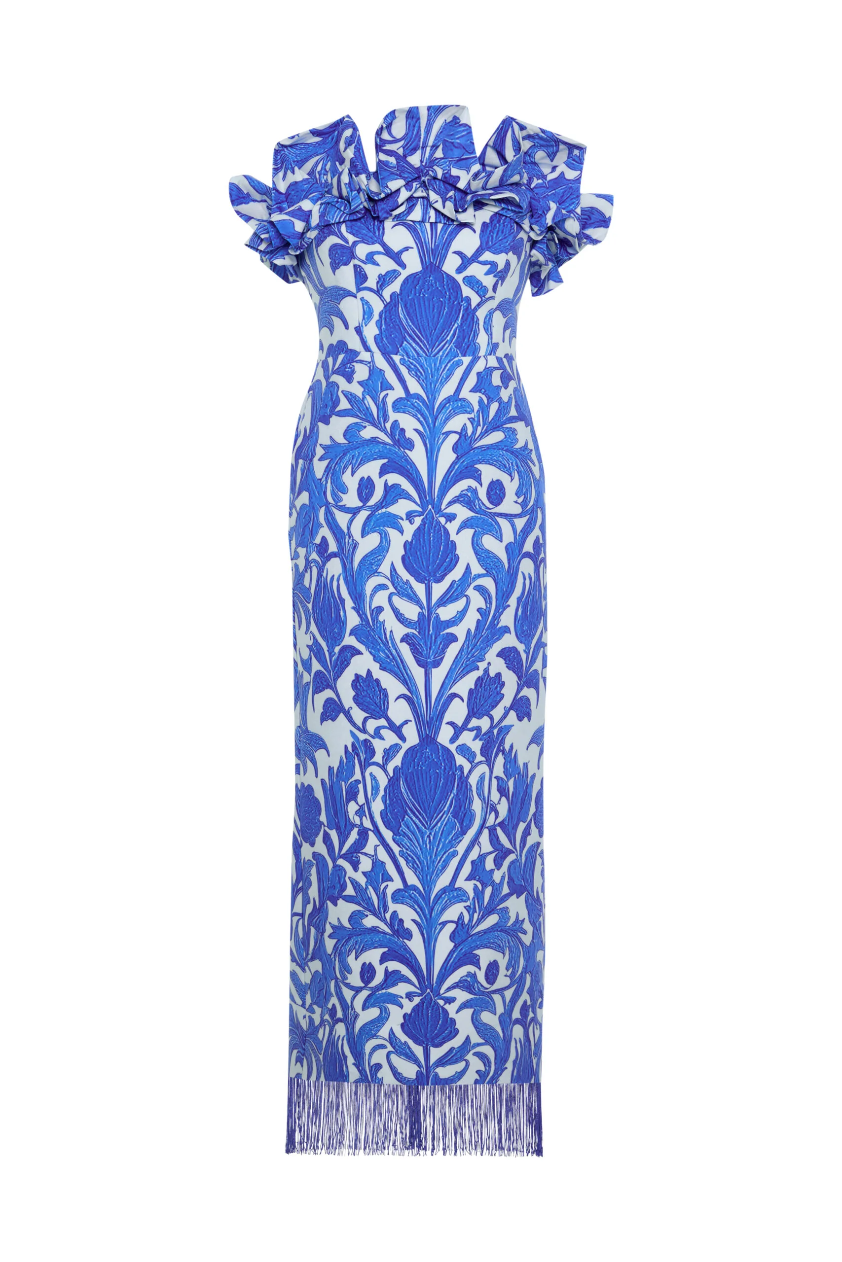 Aegea Blue Floral Maxi Dress With Ruffle Neckline and Fringe Hem - Image 2