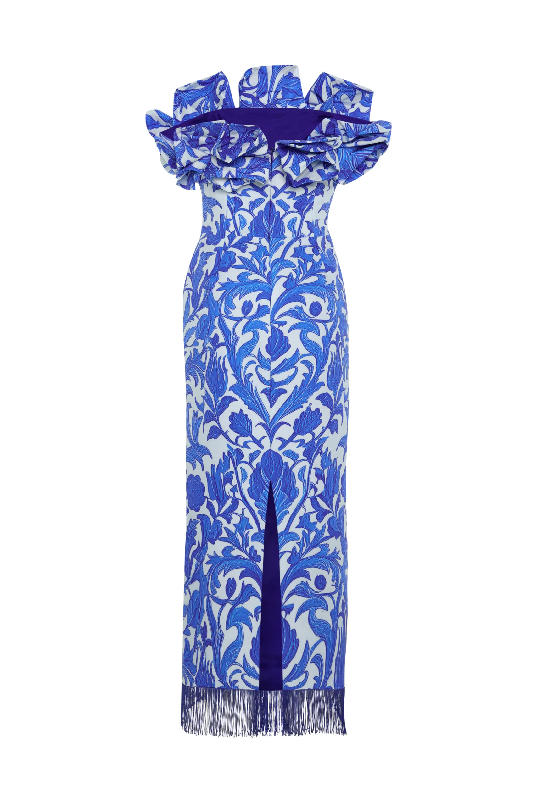 Aegea Blue Floral Maxi Dress With Ruffle Neckline and Fringe Hem - Image 3
