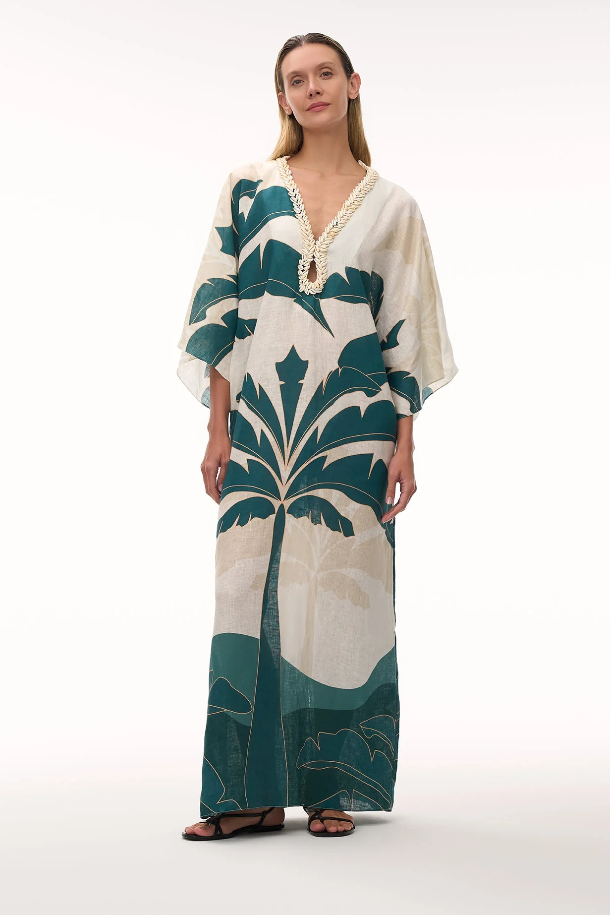 Amazonia Hand Embroidered Linen Tunic / Aquamarine Palms