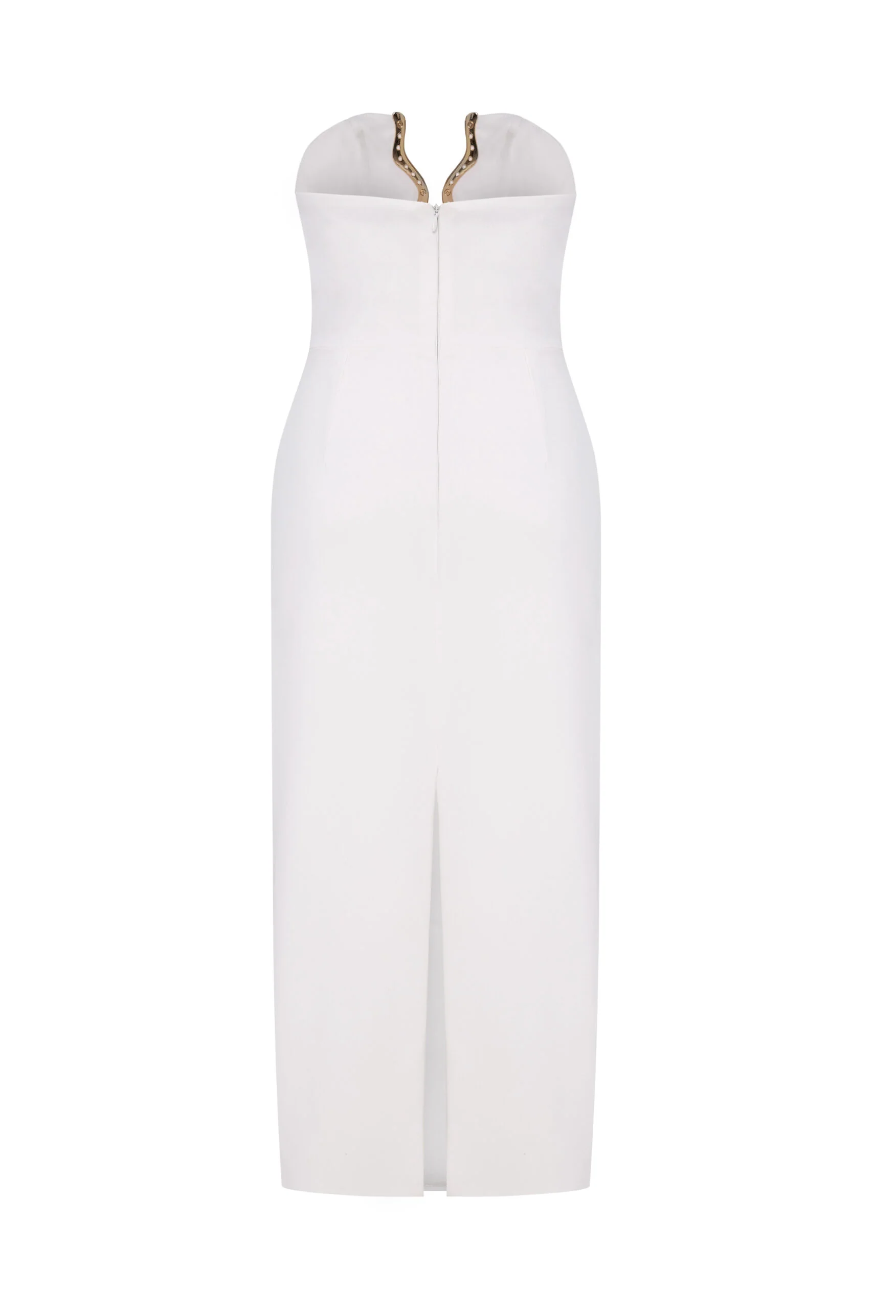 Amelia White Crepe Strapless Midi Dress With Gold Detail - Image 2