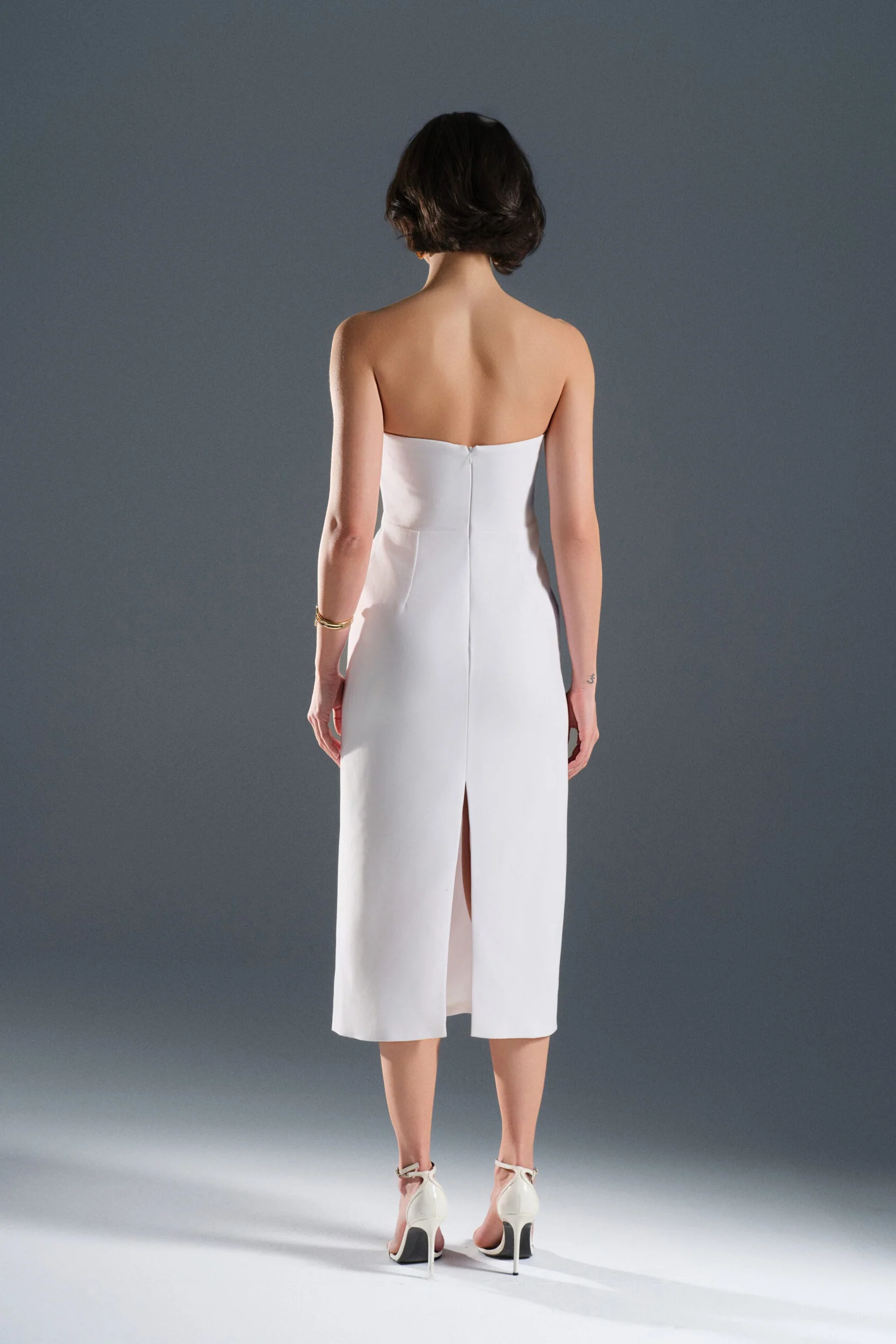 Amelia White Crepe Strapless Midi Dress With Gold Detail - Image 5