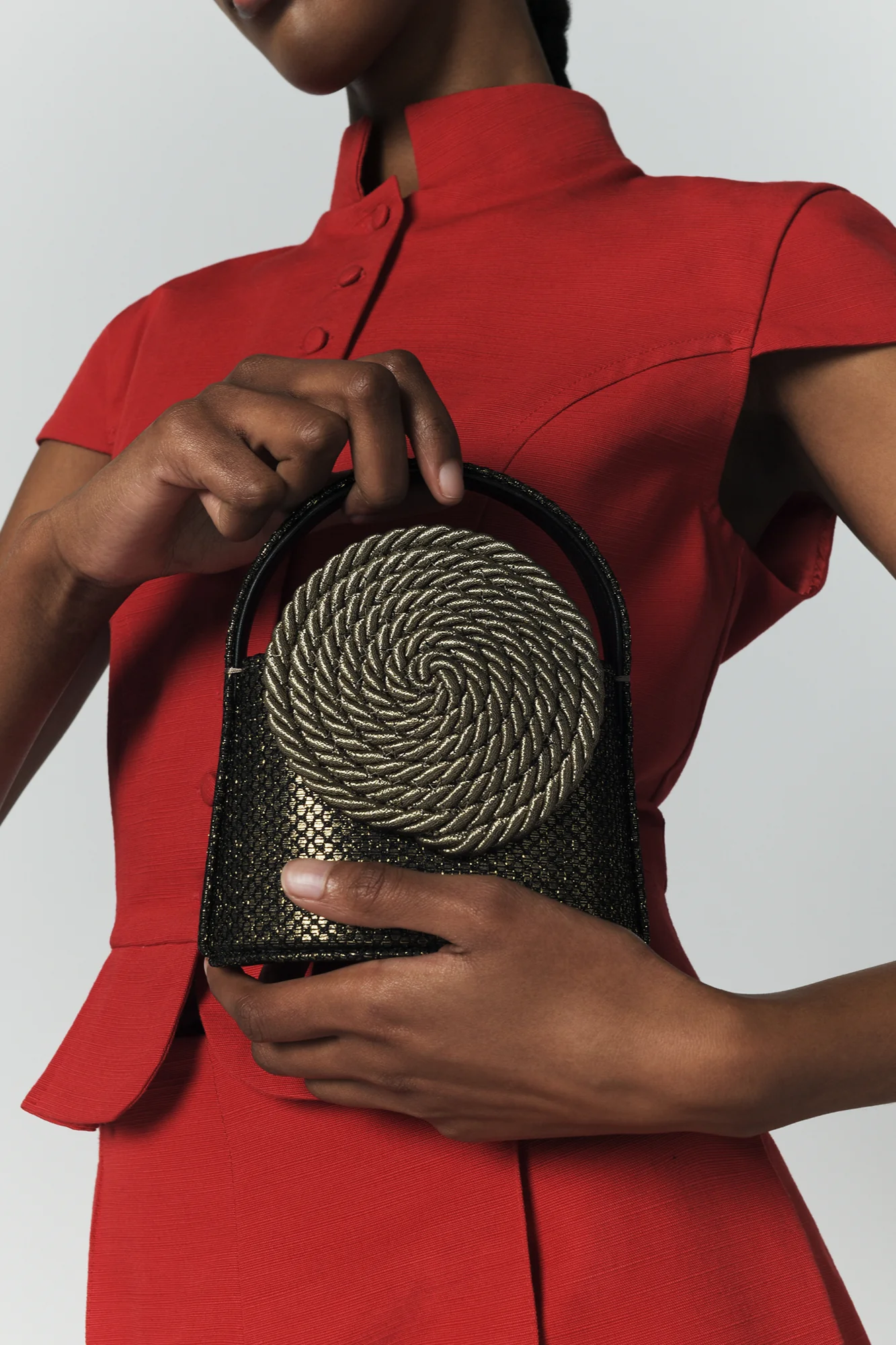 Antique Gold Glitter Mini Top-Handle Bag With Passementerie Detail - Image 5