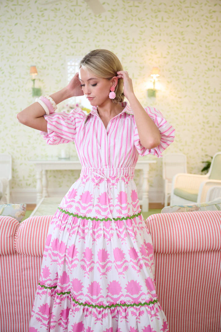 Banyan Puff Sleeve Dress - Pink Magnolia & Ticking Stripe - Image 5