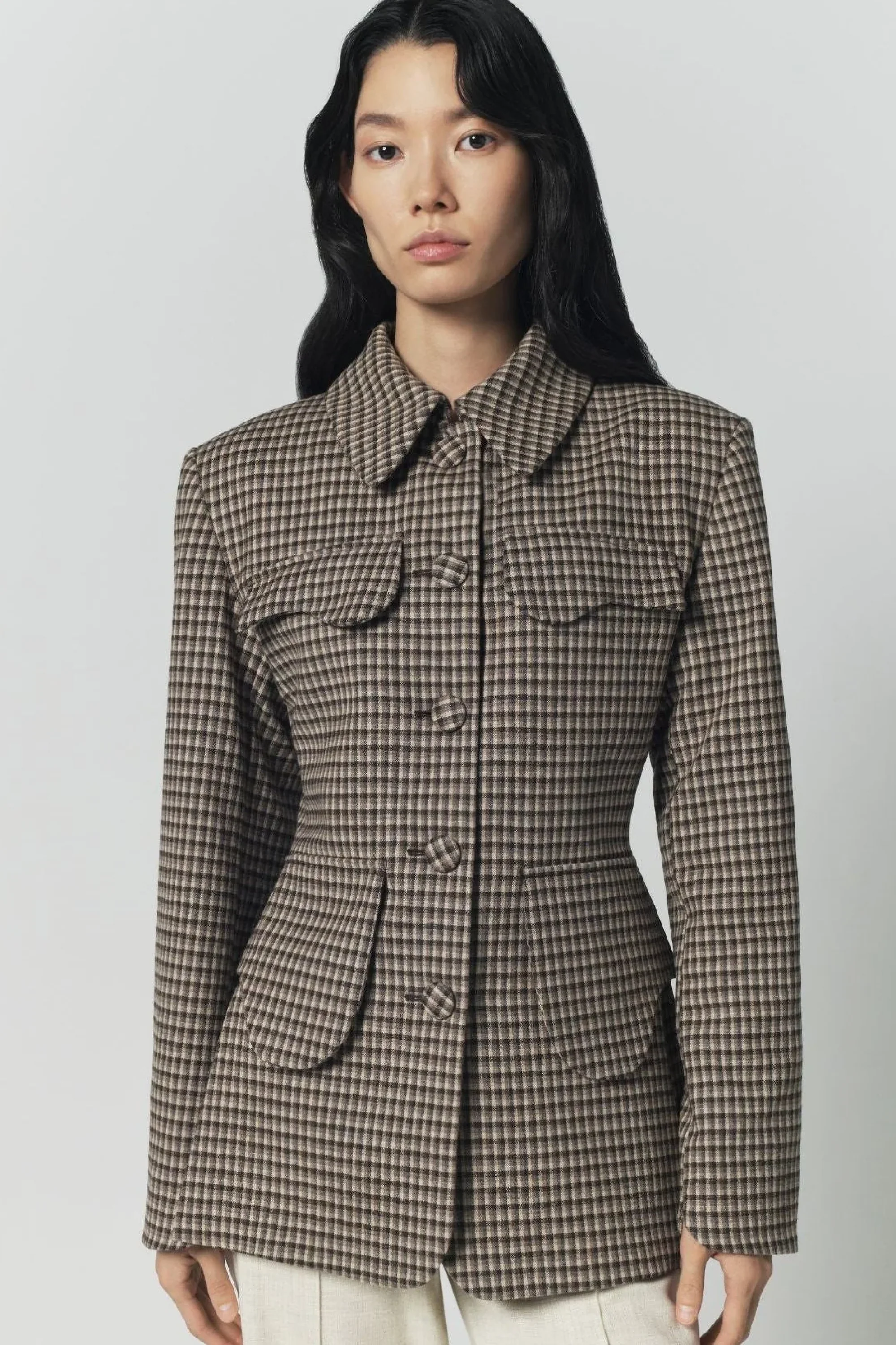 Beige and Brown Plaid Utility Button-Front Jacket