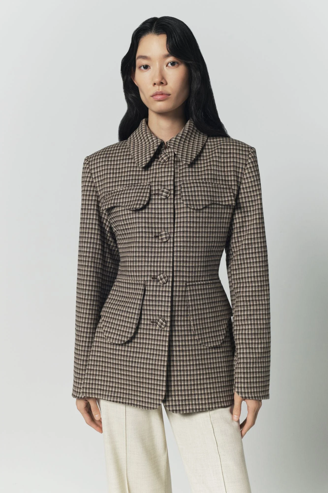 Beige and Brown Plaid Utility Button-Front Jacket - Image 6