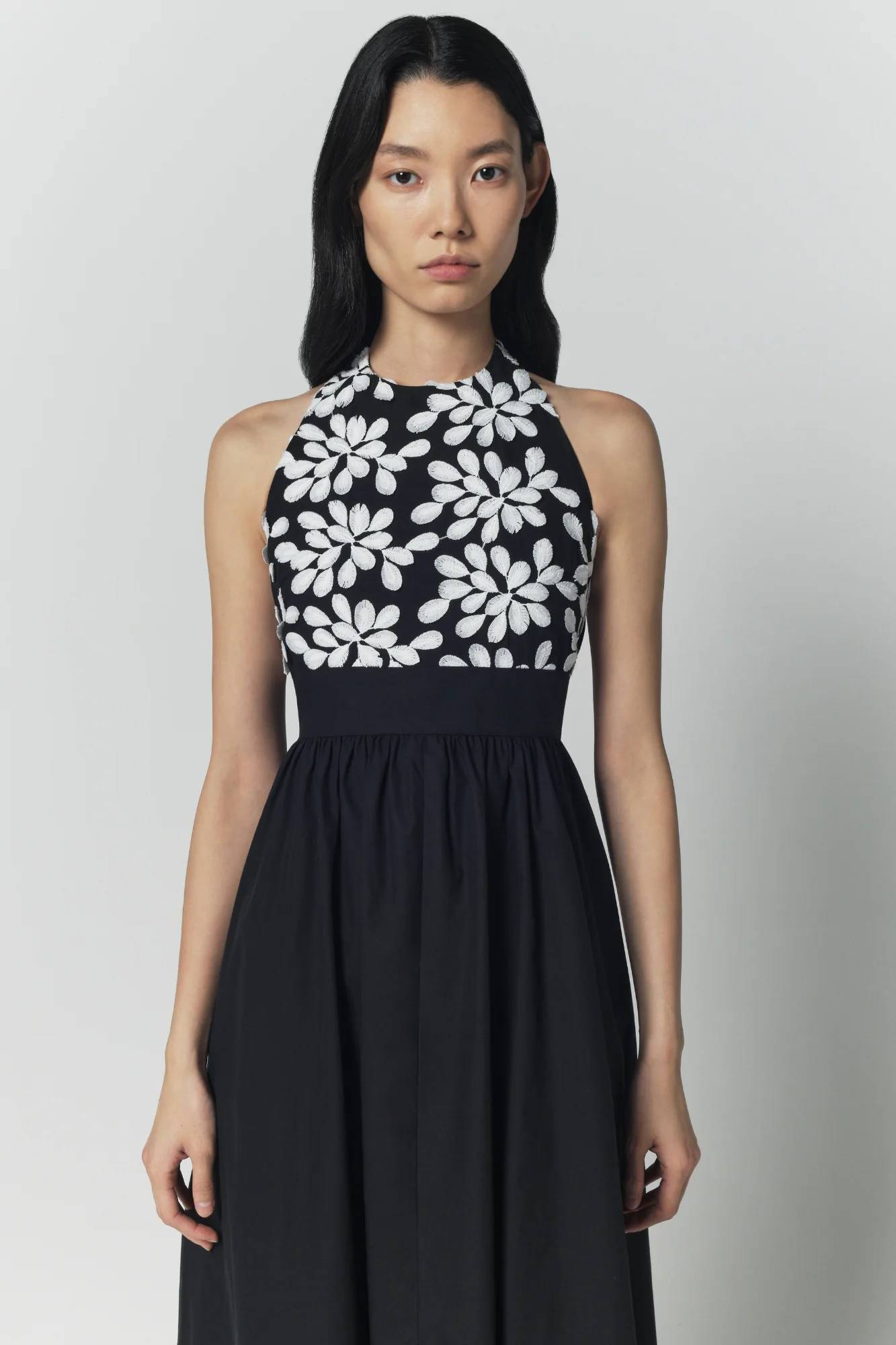 Black and White Cotton Dress With Embroidered Bodice Detail - Image 2