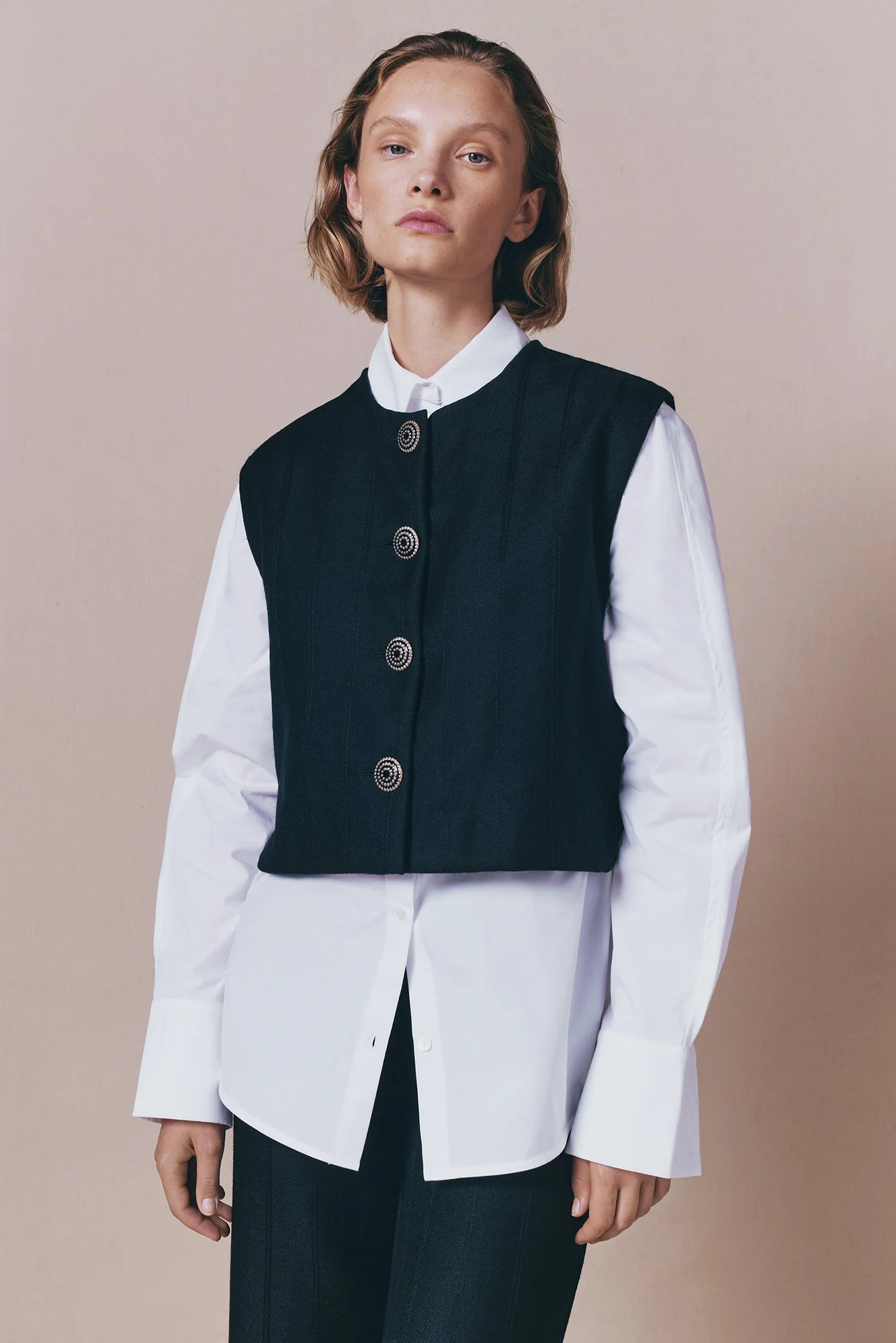 Black Buttoned Virgin Wool Sleeveless Vest - Image 3