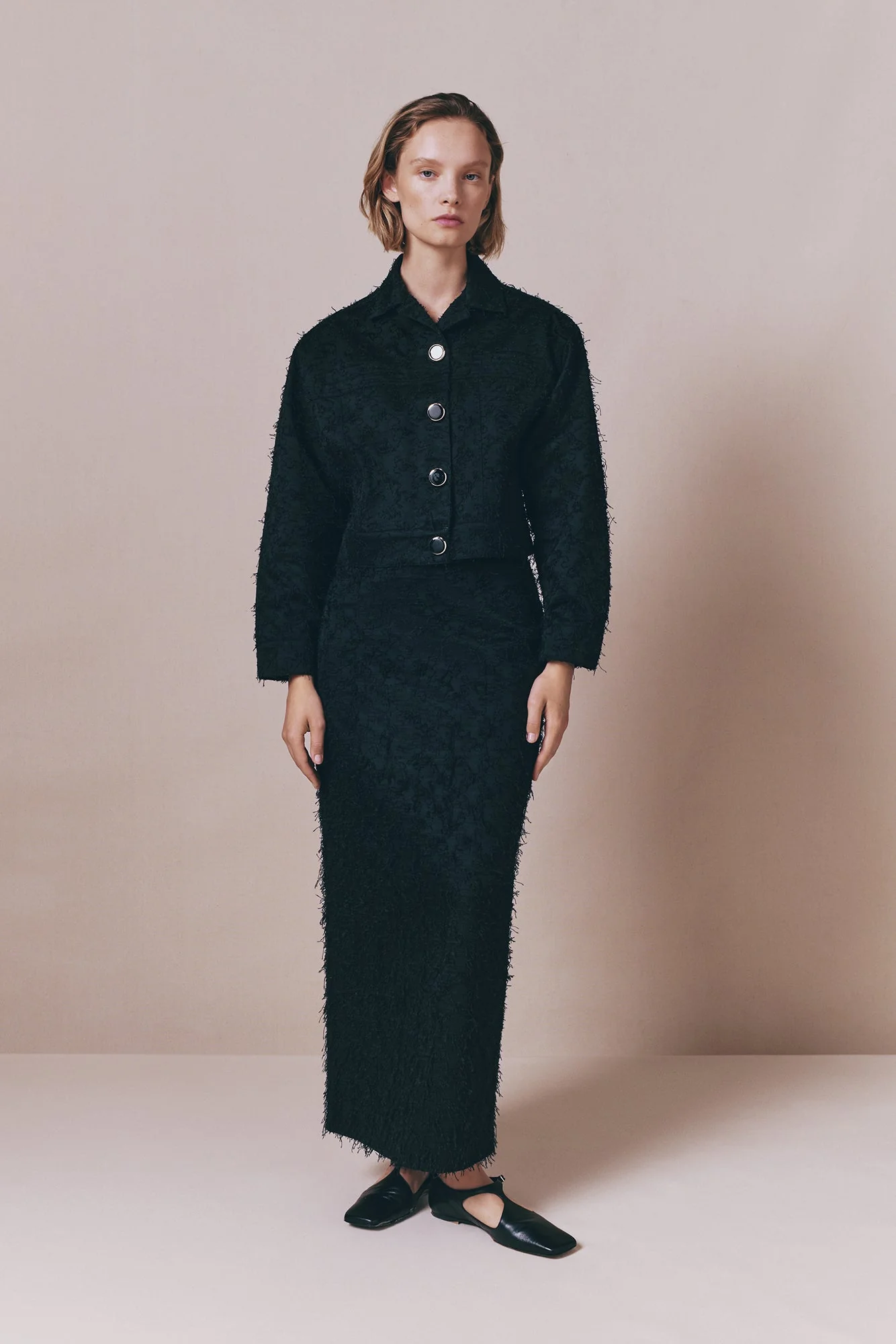 Black Cotton Jacket With Textured Finish and Round Buttons - Image 2