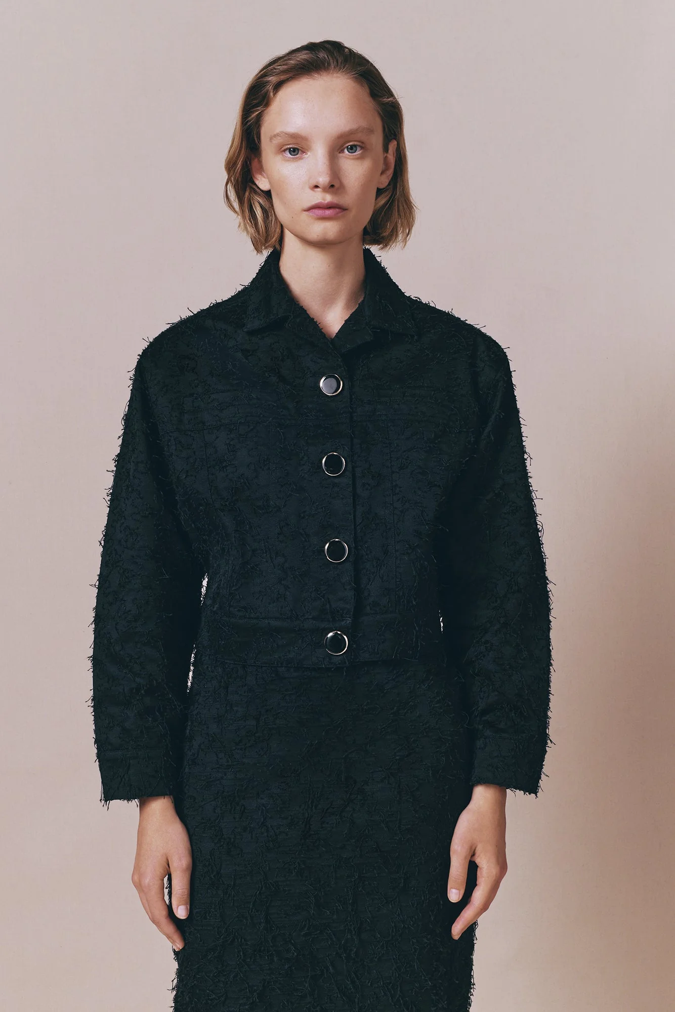 Black Cotton Jacket With Textured Finish and Round Buttons - Image 7