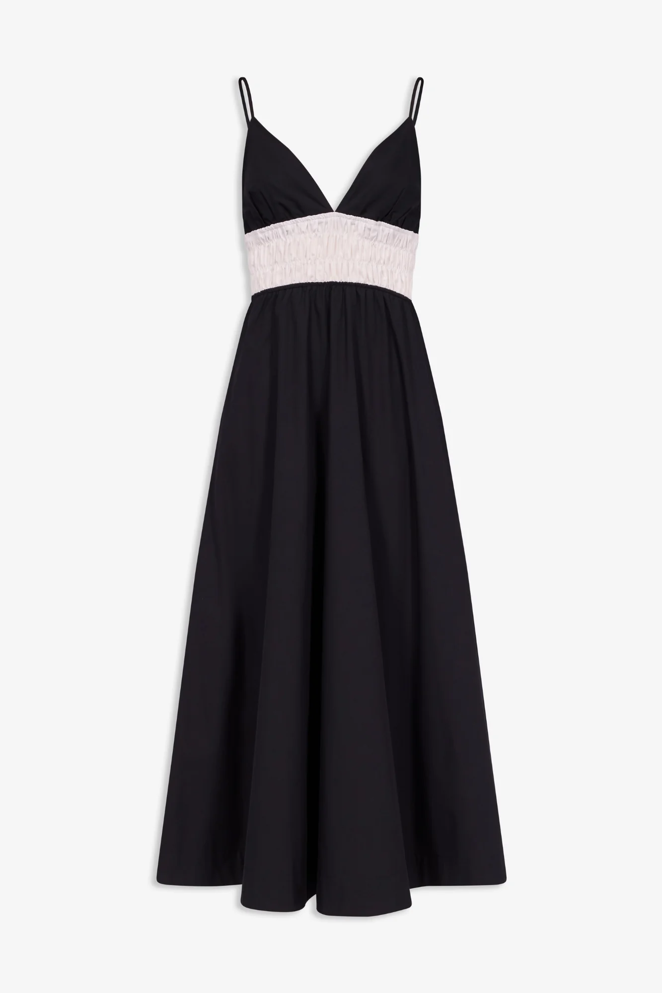 Black Cotton Poplin Summer Dress With Gathered Waist Detail