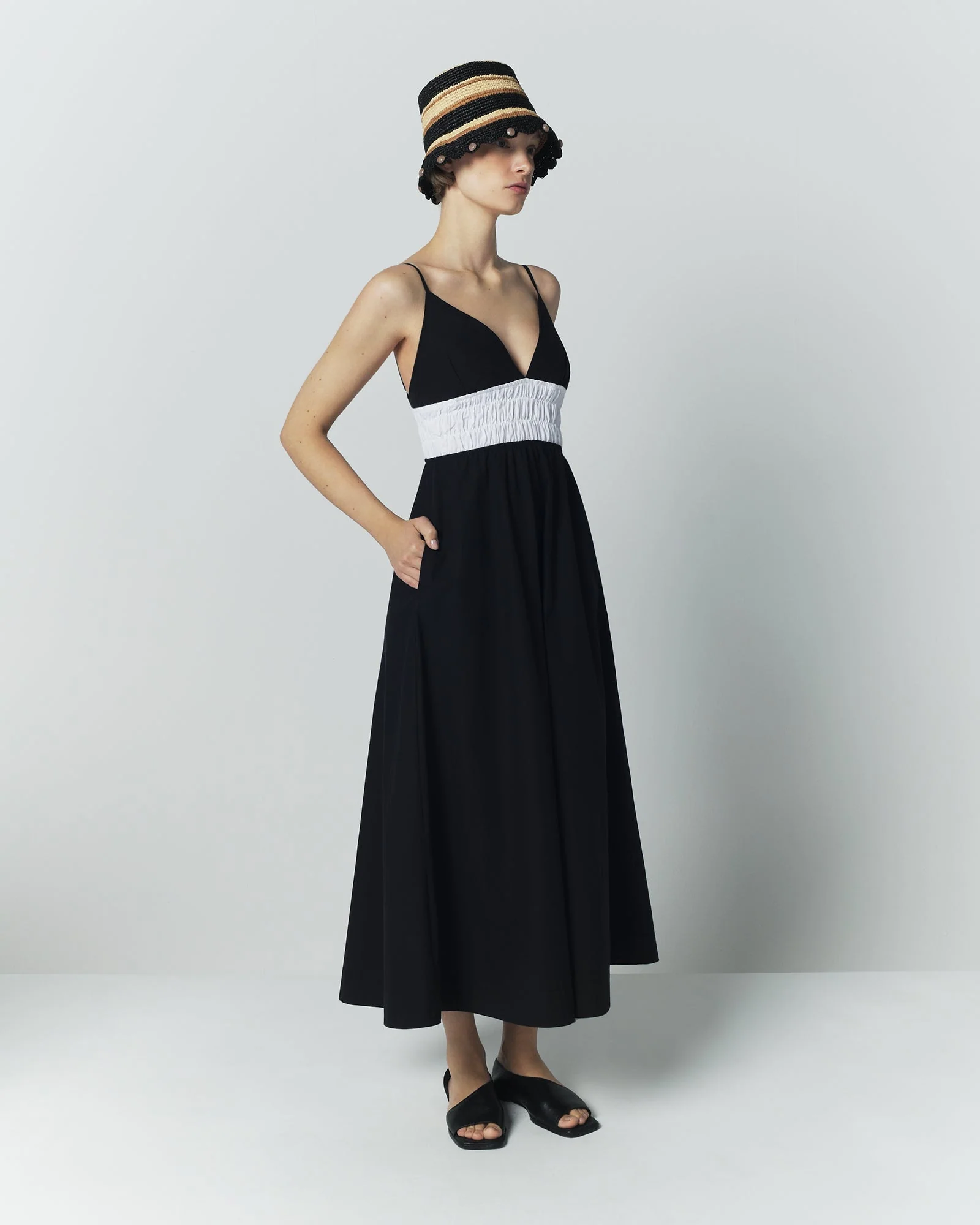 Black Cotton Poplin Summer Dress With Gathered Waist Detail - Image 2