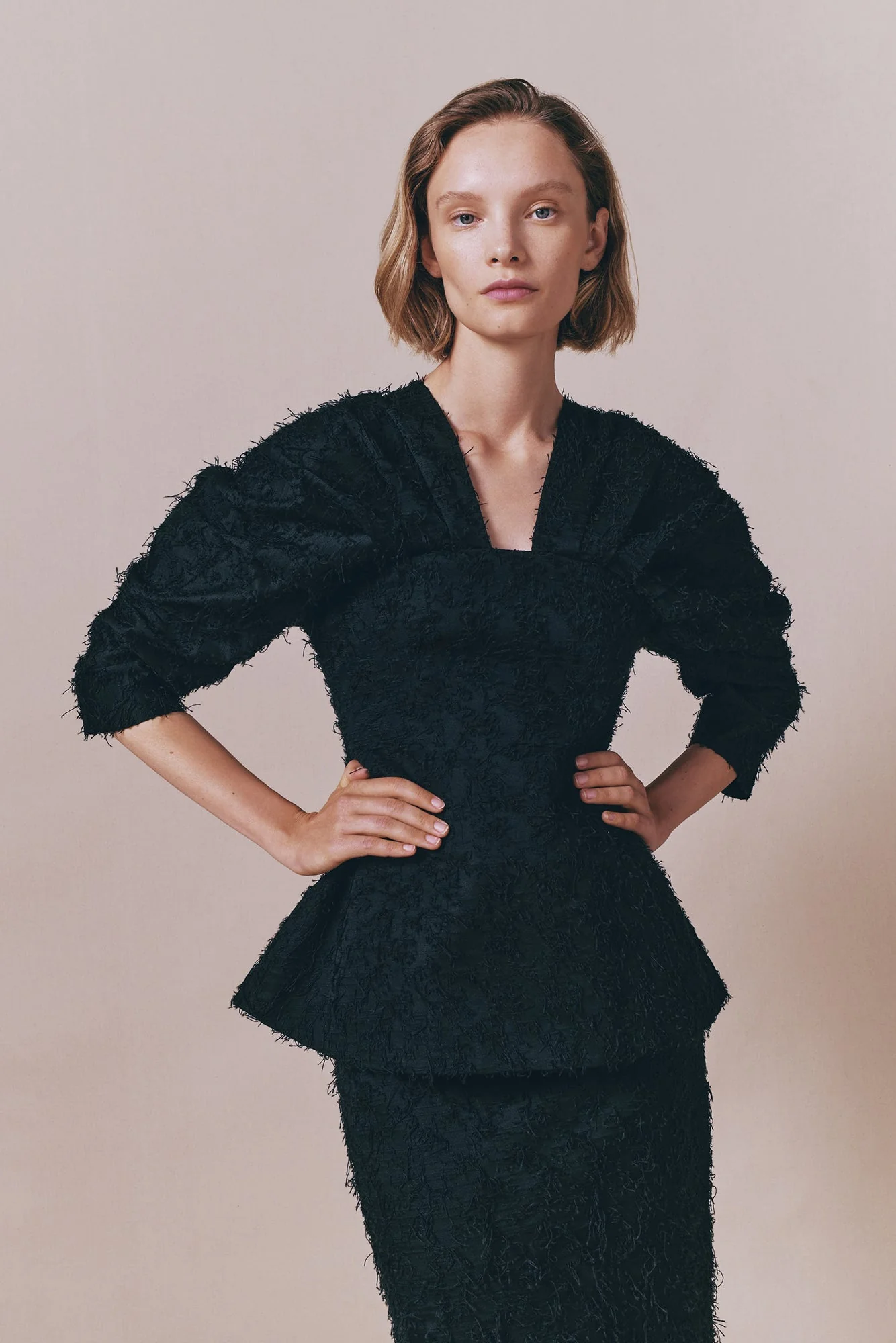 Black Textured Top With Structured Sleeves - Image 3
