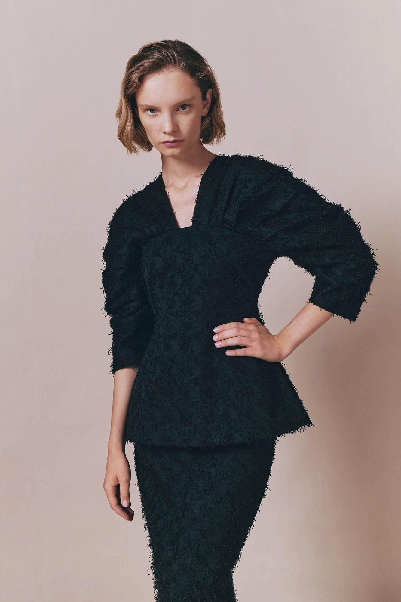 Black Textured Top With Structured Sleeves - Image 5