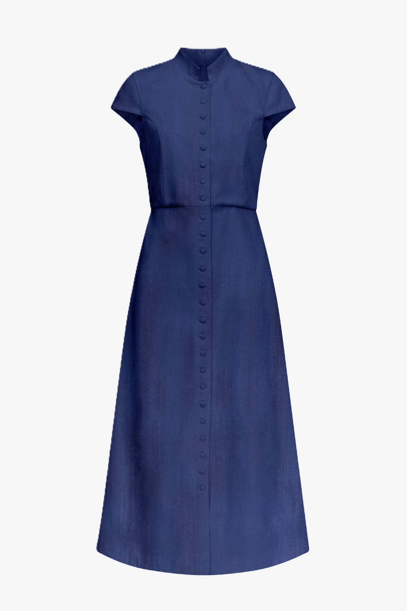 Blue Denim Midi Dress With Mandarin Collar and Short Sleeves