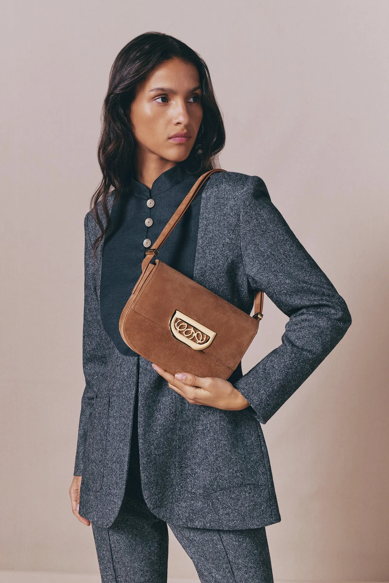 Brown Suede Crossbody Bag With Golden Clasp - Image 10