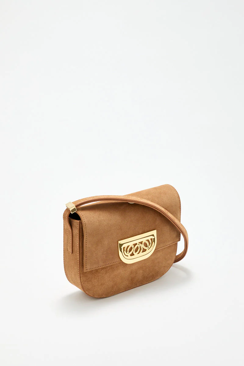 Brown Suede Crossbody Bag With Golden Clasp - Image 3