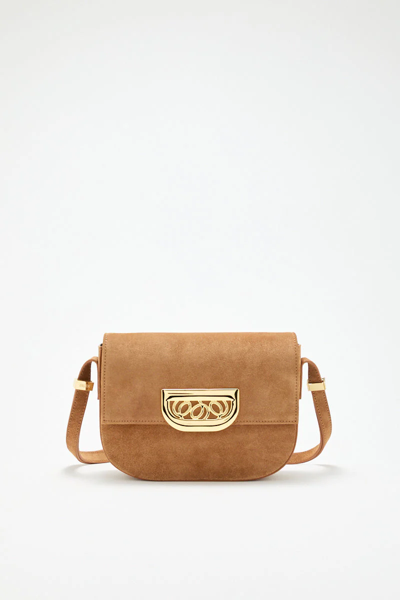 Brown Suede Crossbody Bag With Golden Clasp - Image 6