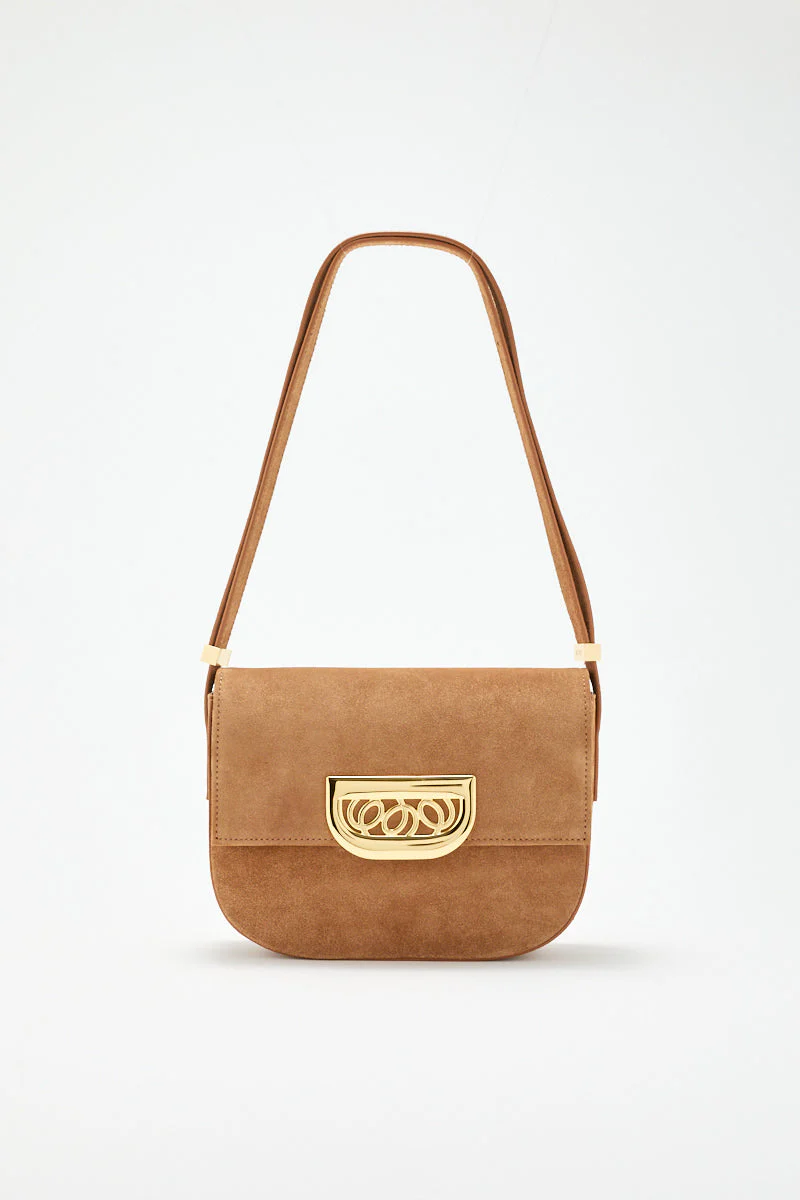 Brown Suede Crossbody Bag With Golden Clasp - Image 8