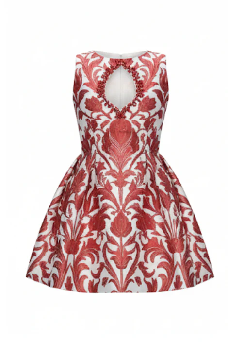 Caia Red Floral Twill Satin Mini Dress With Keyhole Detail