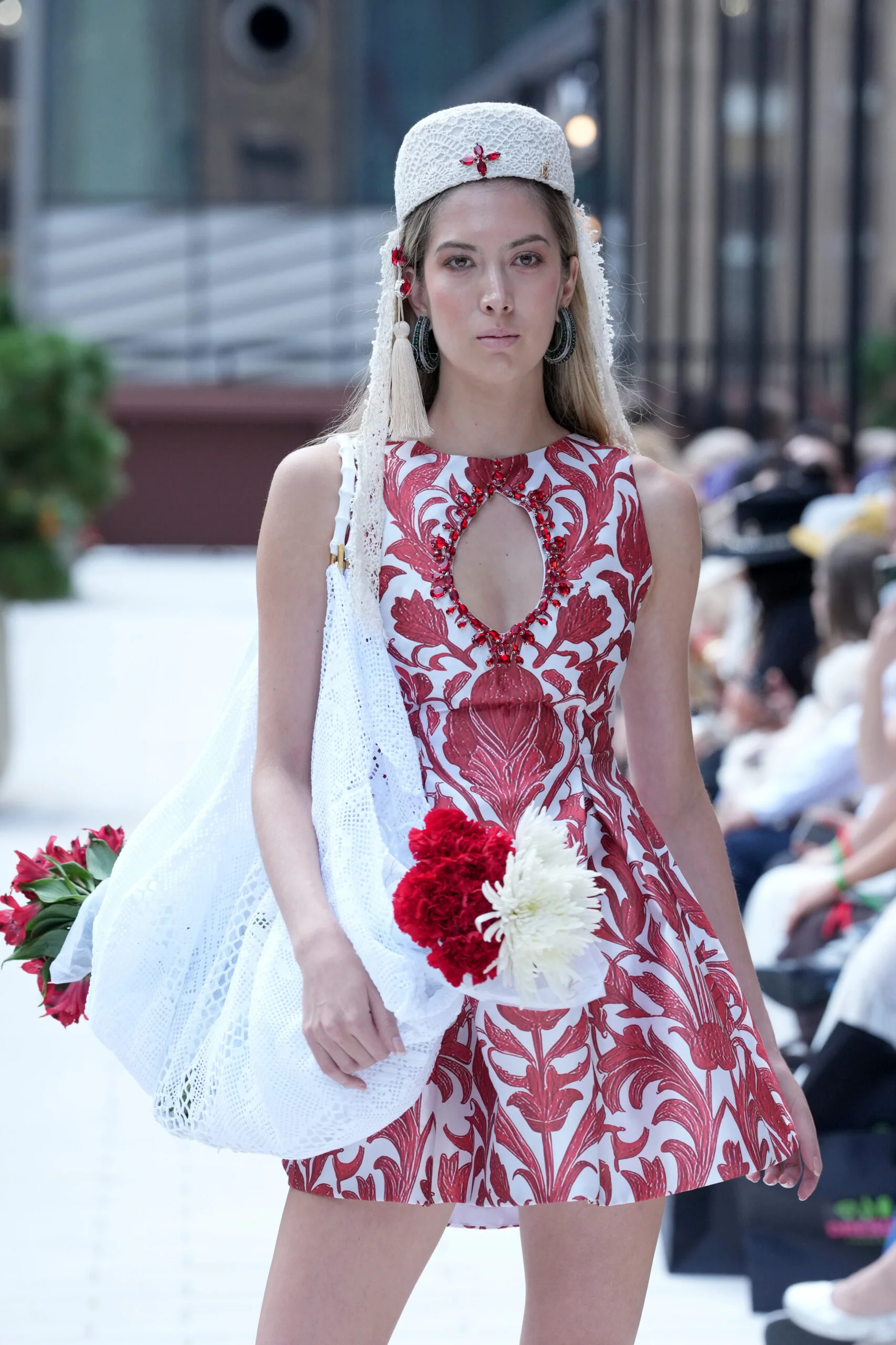 Caia Red Floral Twill Satin Mini Dress With Keyhole Detail - Image 3