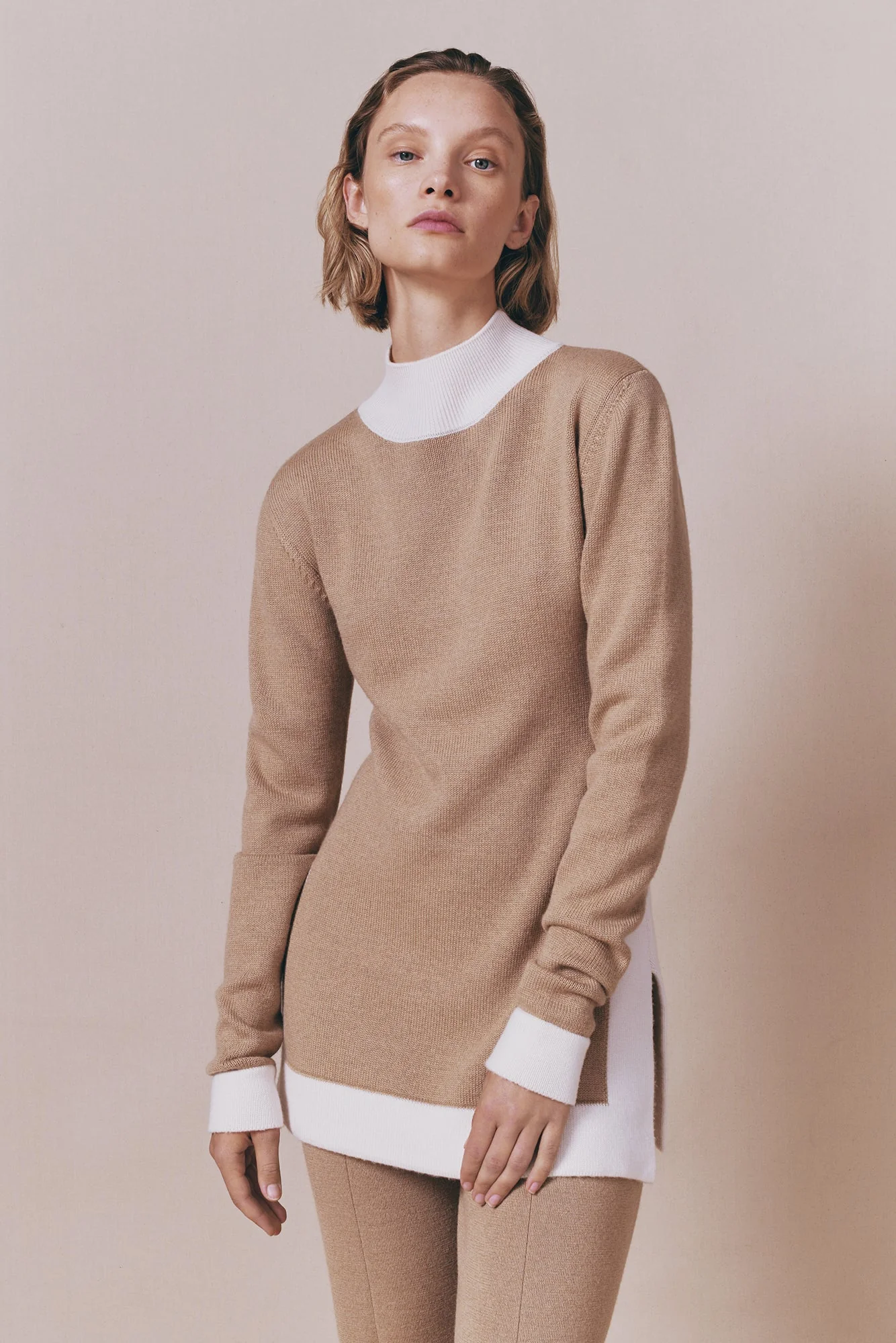 Camel and Ecru Merino Wool Sweater - Image 2