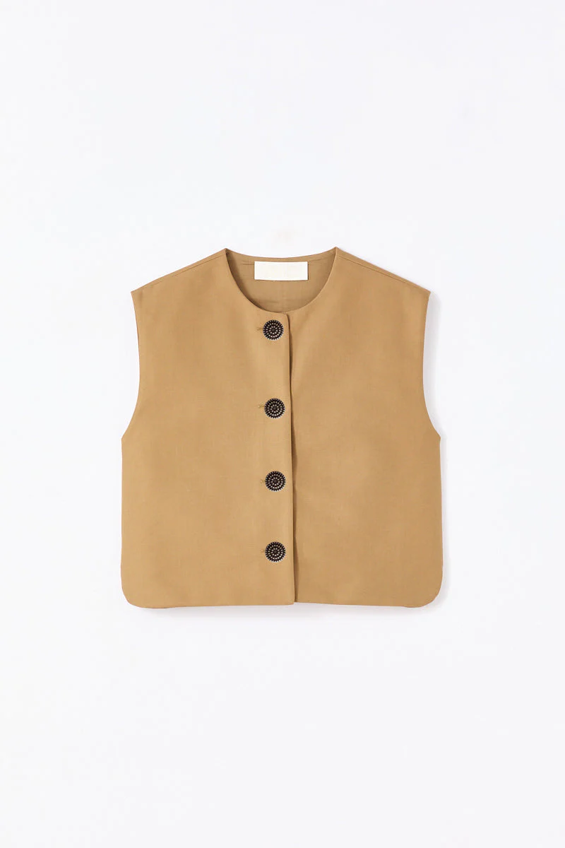 Camel Cotton Vest With Front Button Closure - Image 2