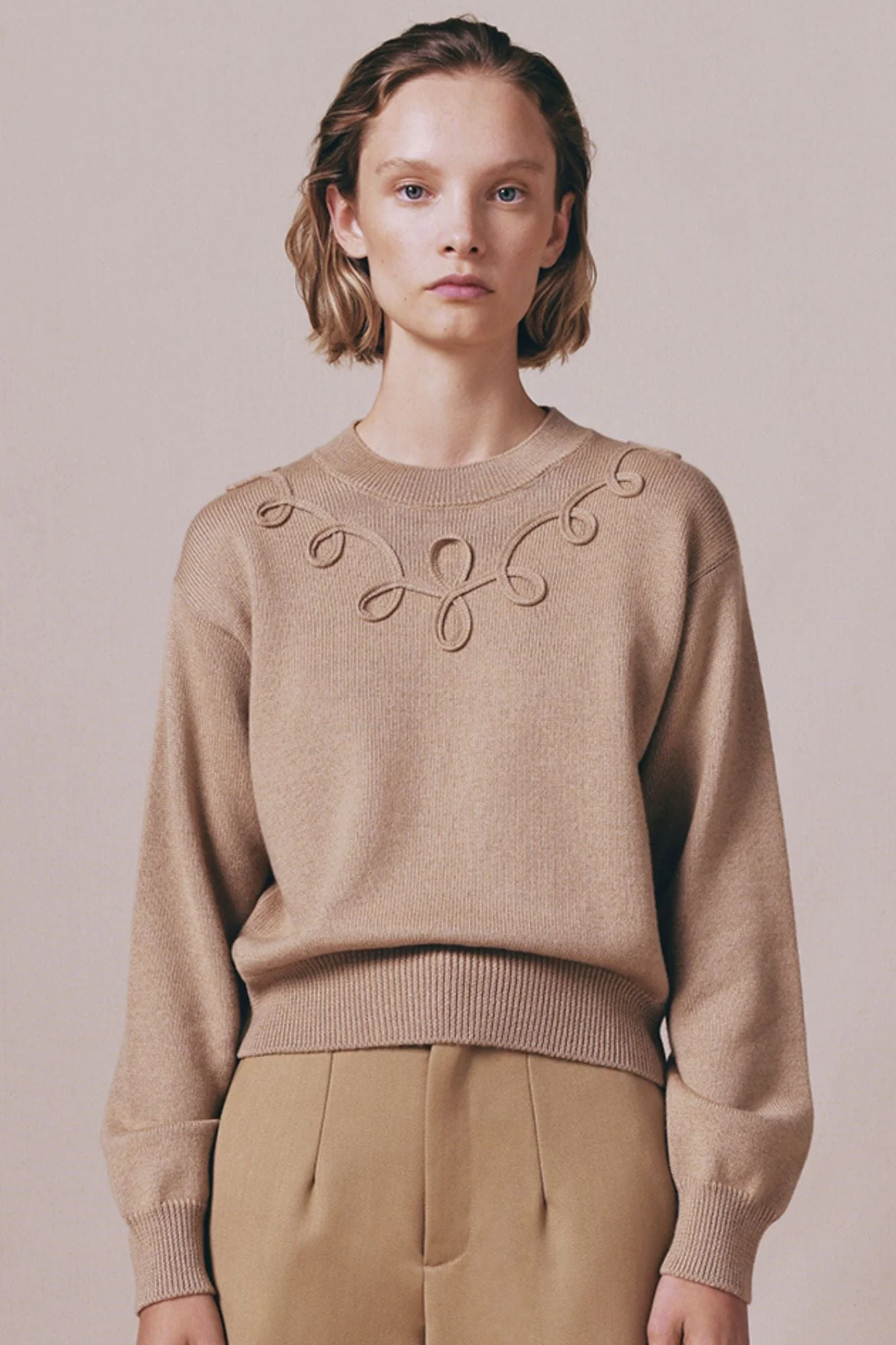 Camel Merino Wool Sweater With Embroidered Details - Image 7