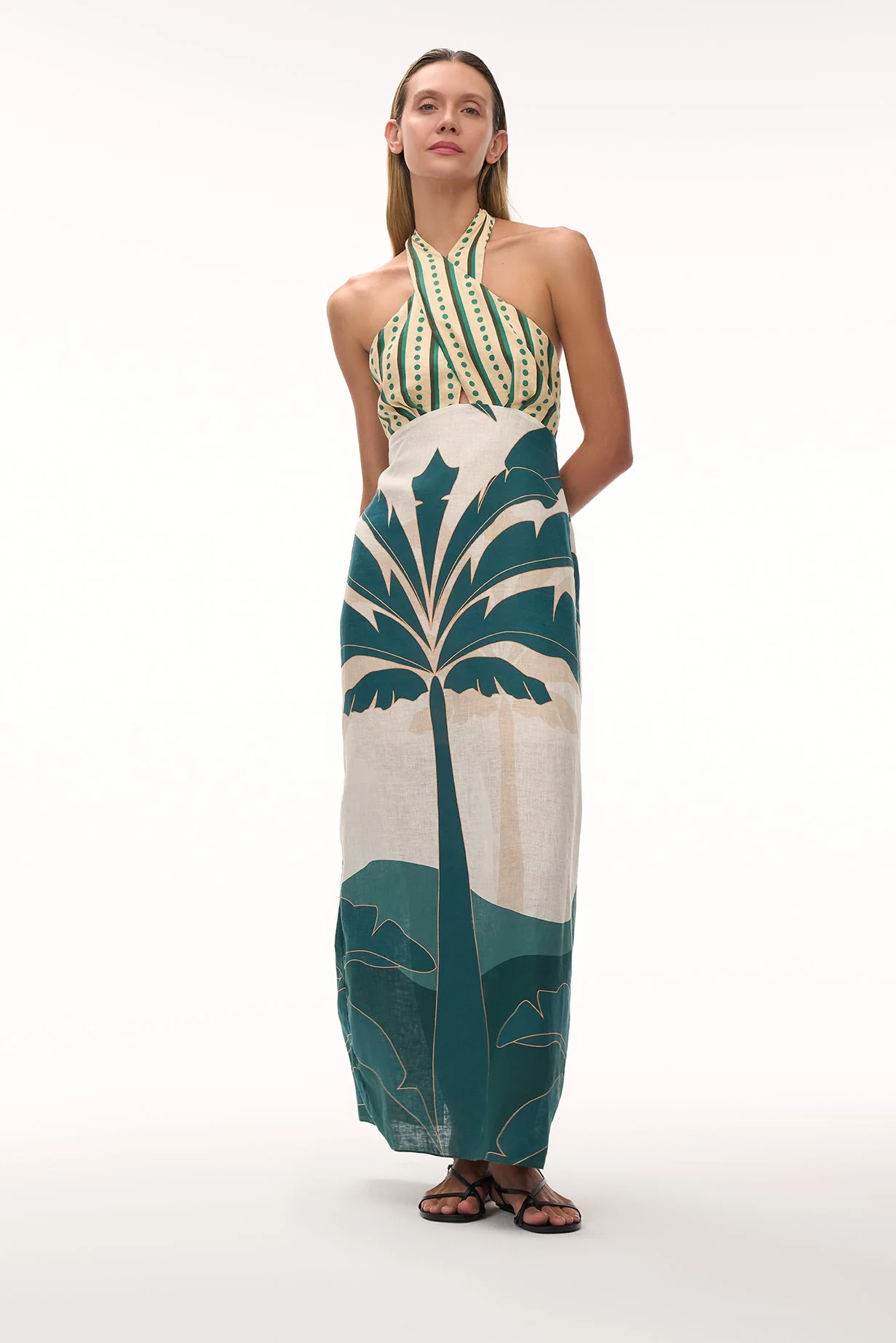 Costa Del Sol Linen Midi Dress / Aquamarine Palms - Green Stripes