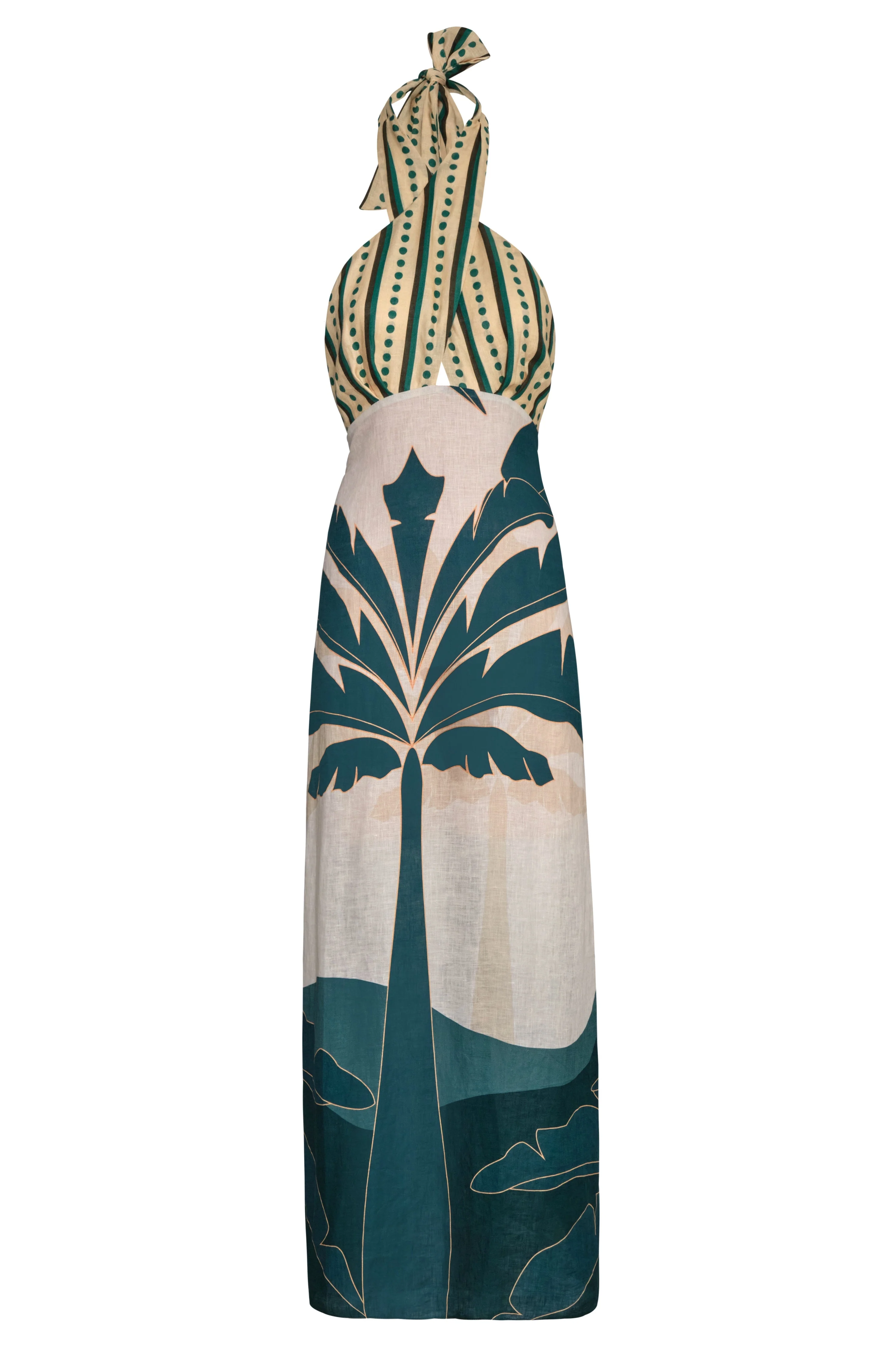 Costa Del Sol Linen Midi Dress / Aquamarine Palms - Green Stripes - Image 3