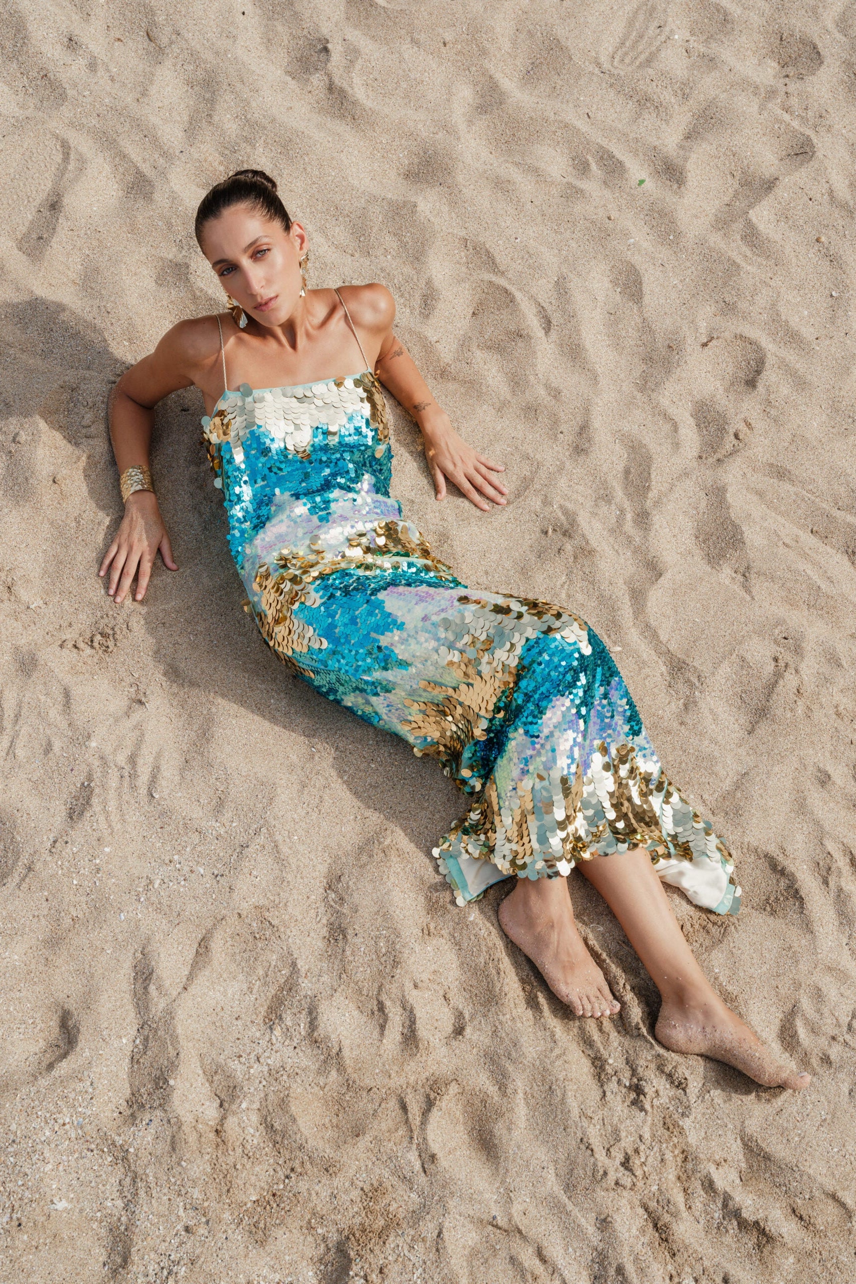 DILA DRESS Sequin Slip Dress With Gold and Aqua Tones - Image 7