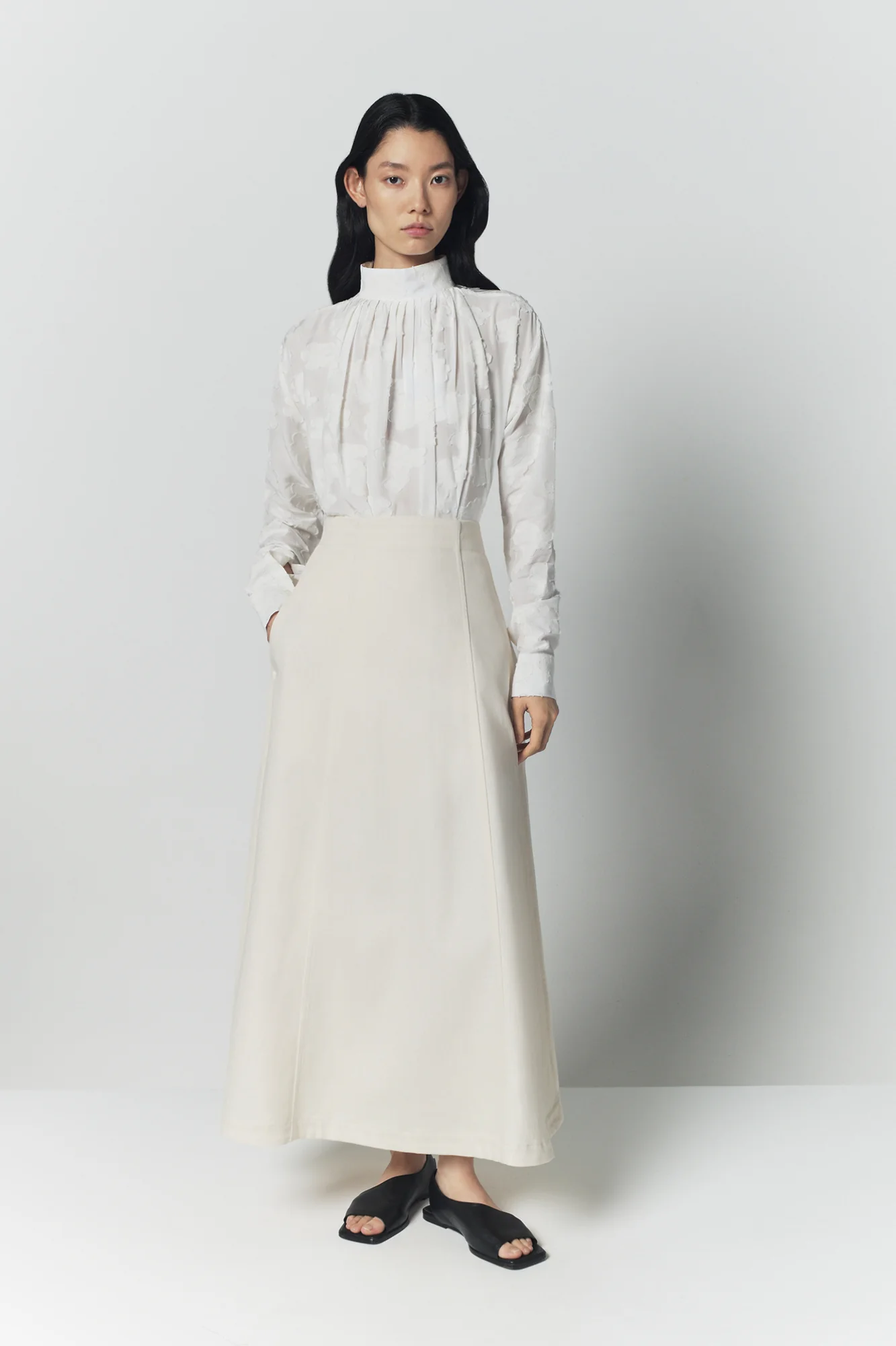 Ecru Denim Midi Skirt With Pockets - Image 2