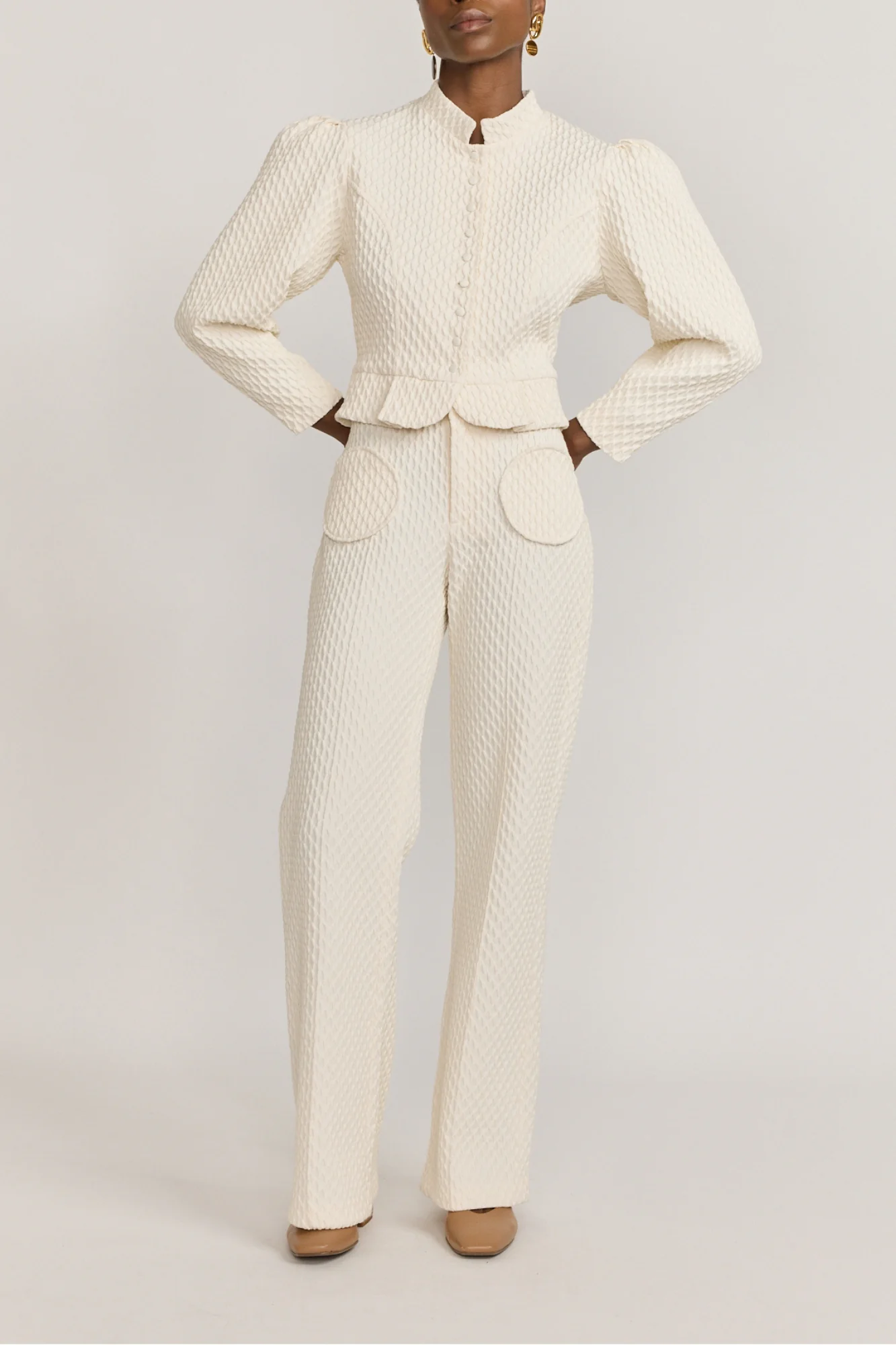 ECRU Flutter Flared Pants With Circular Pockets - Image 6