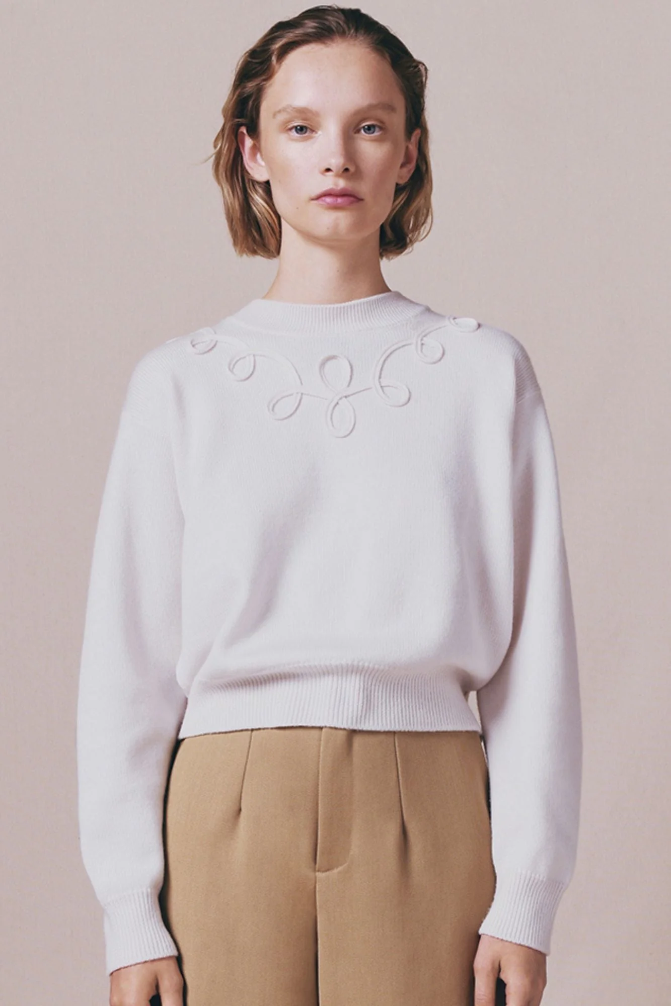Ecru Merino Wool Sweater With Embroidered Details - Image 5