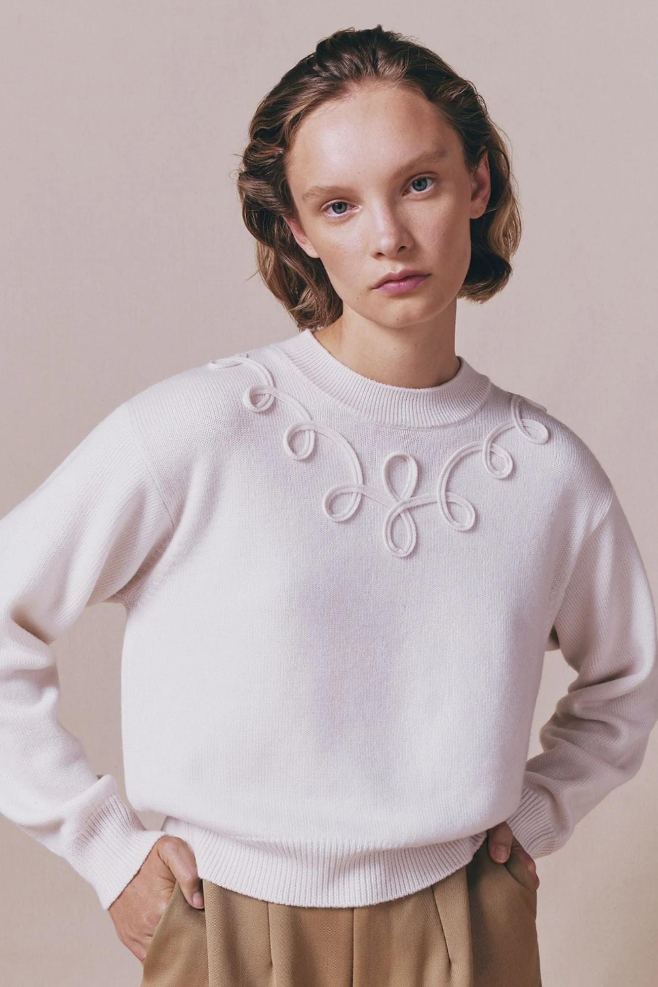 Ecru Merino Wool Sweater With Embroidered Details - Image 6