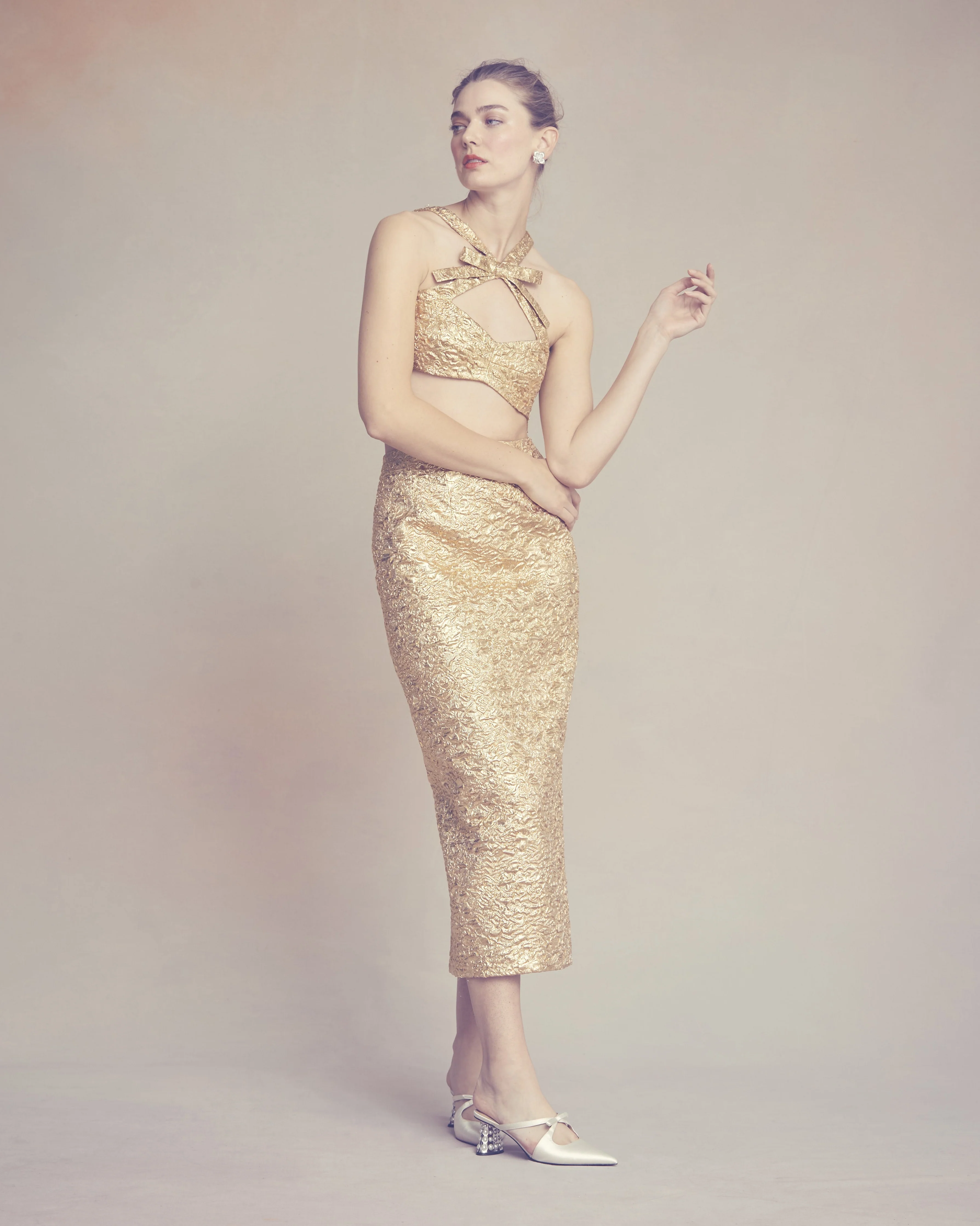Effie Pencil Skirt in Gold Brocade - Image 5