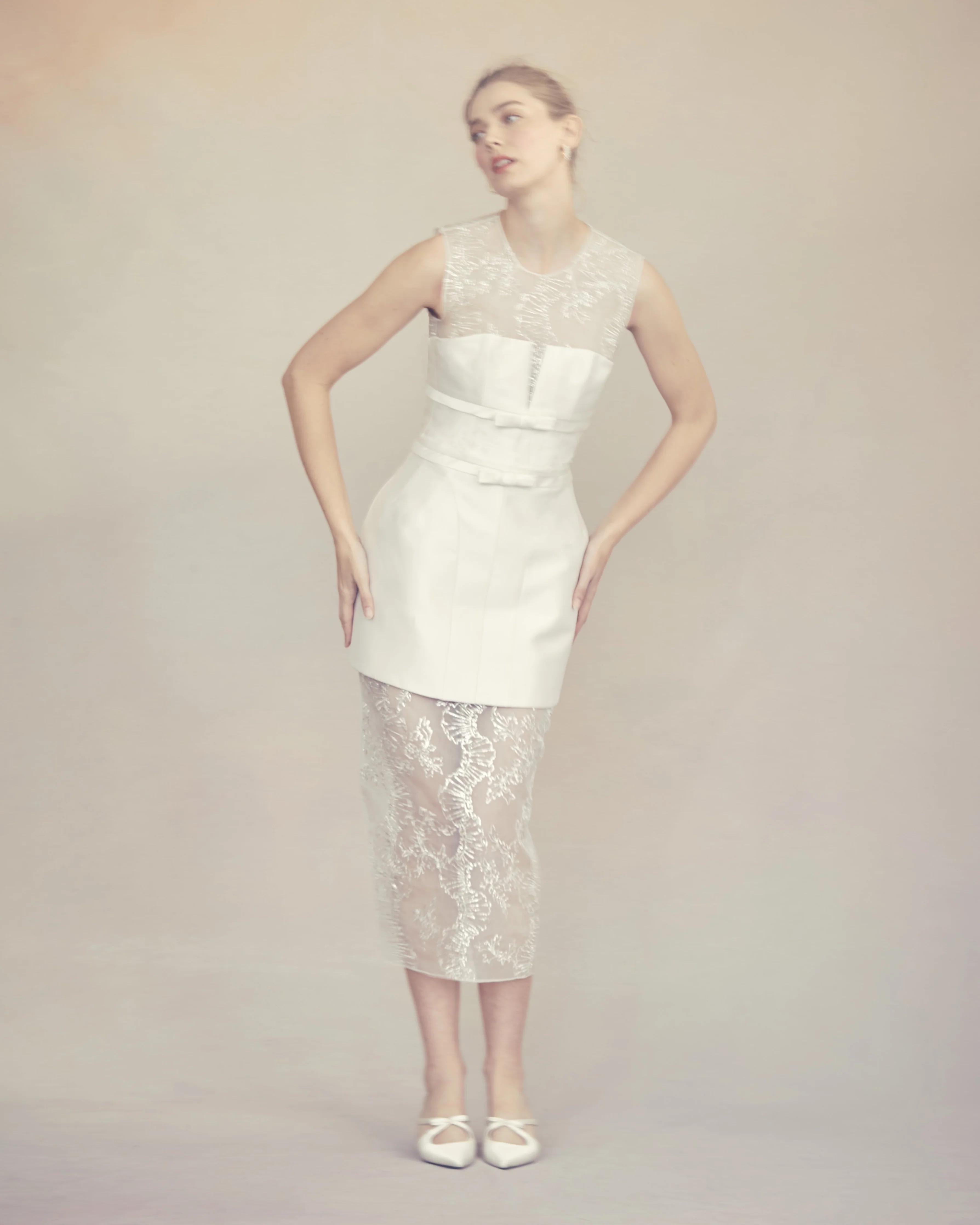 Effie Pencil Skirt in Ivory Organza With Ribbon Embroidery - Image 5