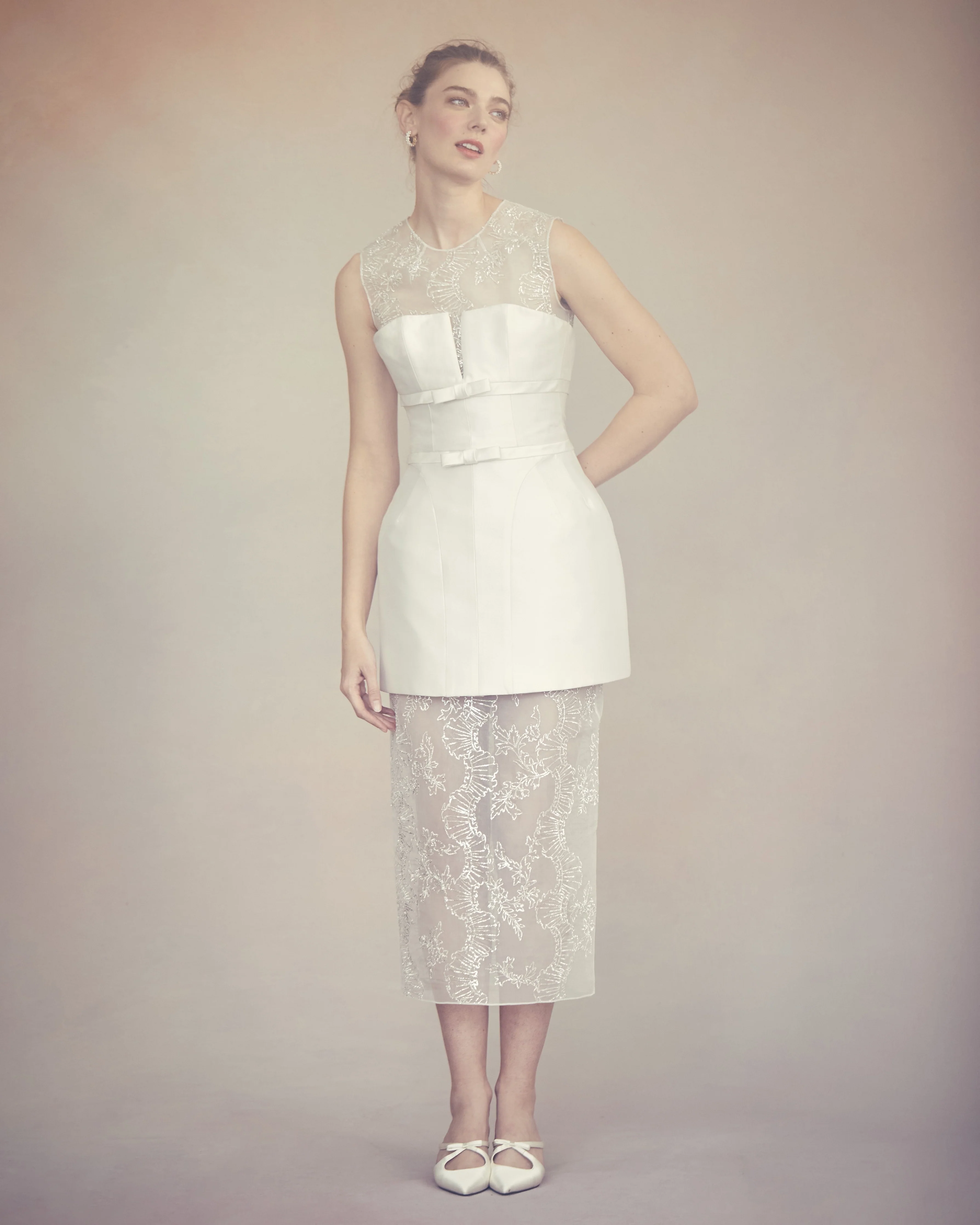 Effie Pencil Skirt in Ivory Organza With Ribbon Embroidery - Image 6