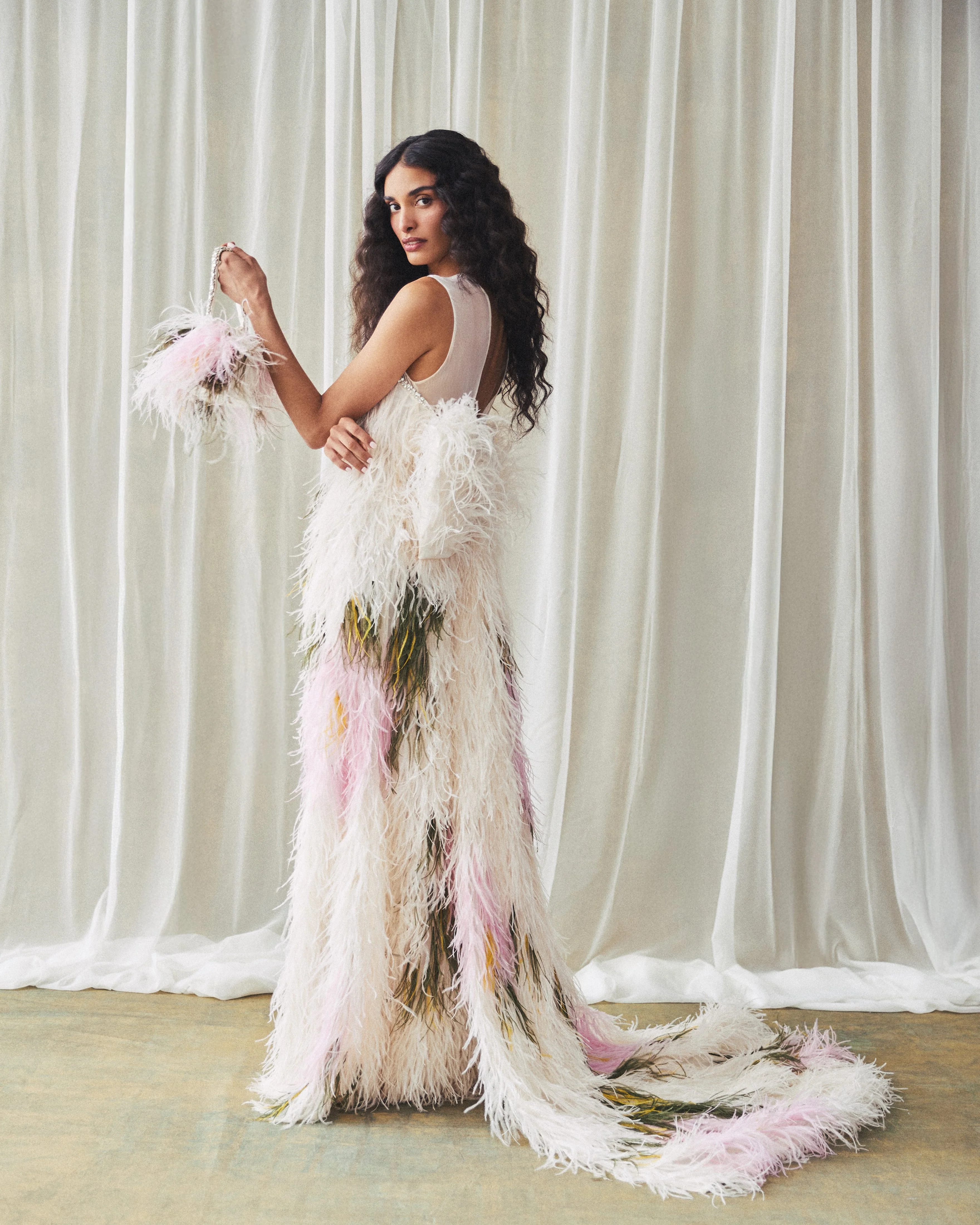 Eliza Gown in Abstract Floral Ostrich Feathers - Image 8