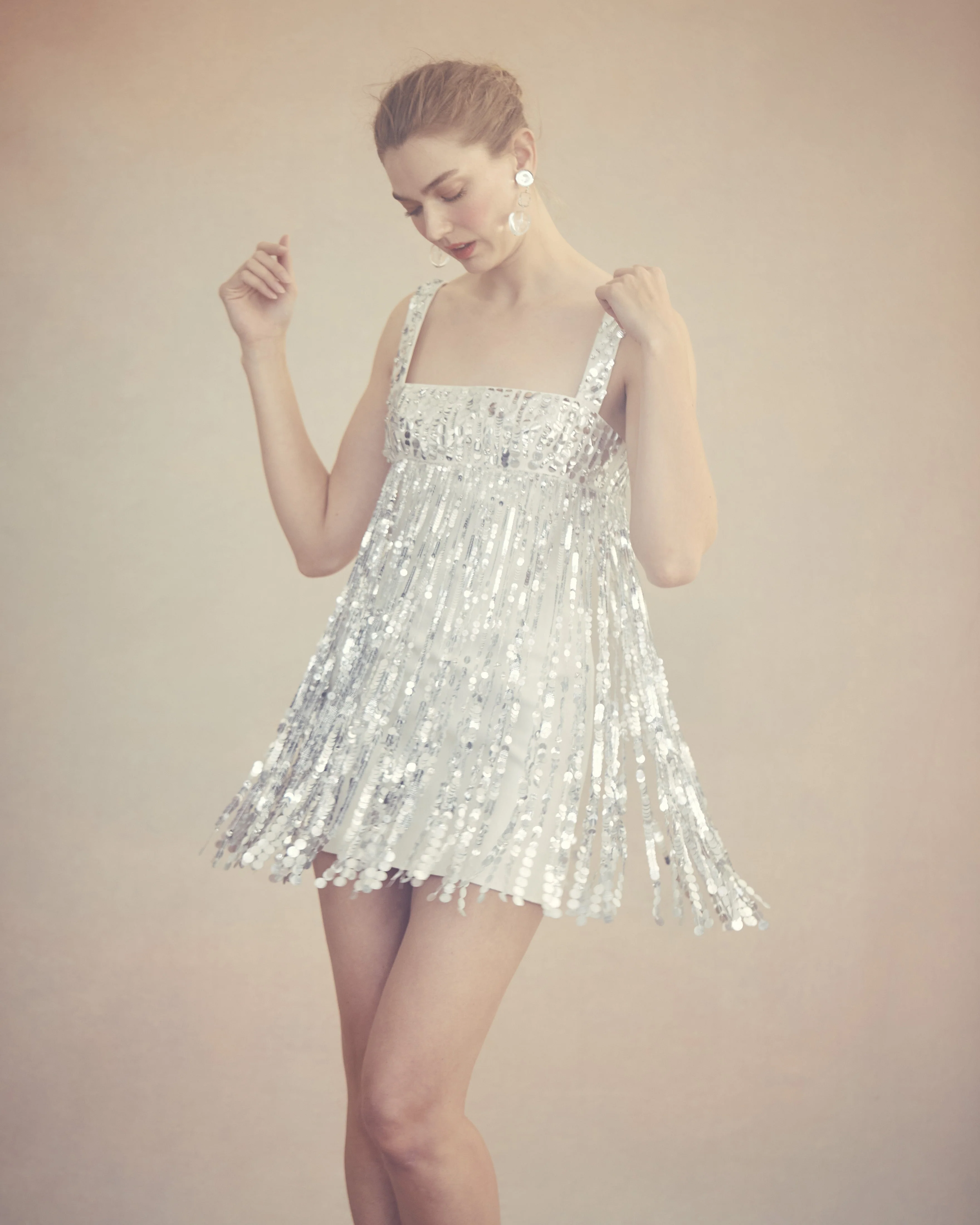 Elsa Dress in Ivory Silk Wool With Silver Fringe - Image 10