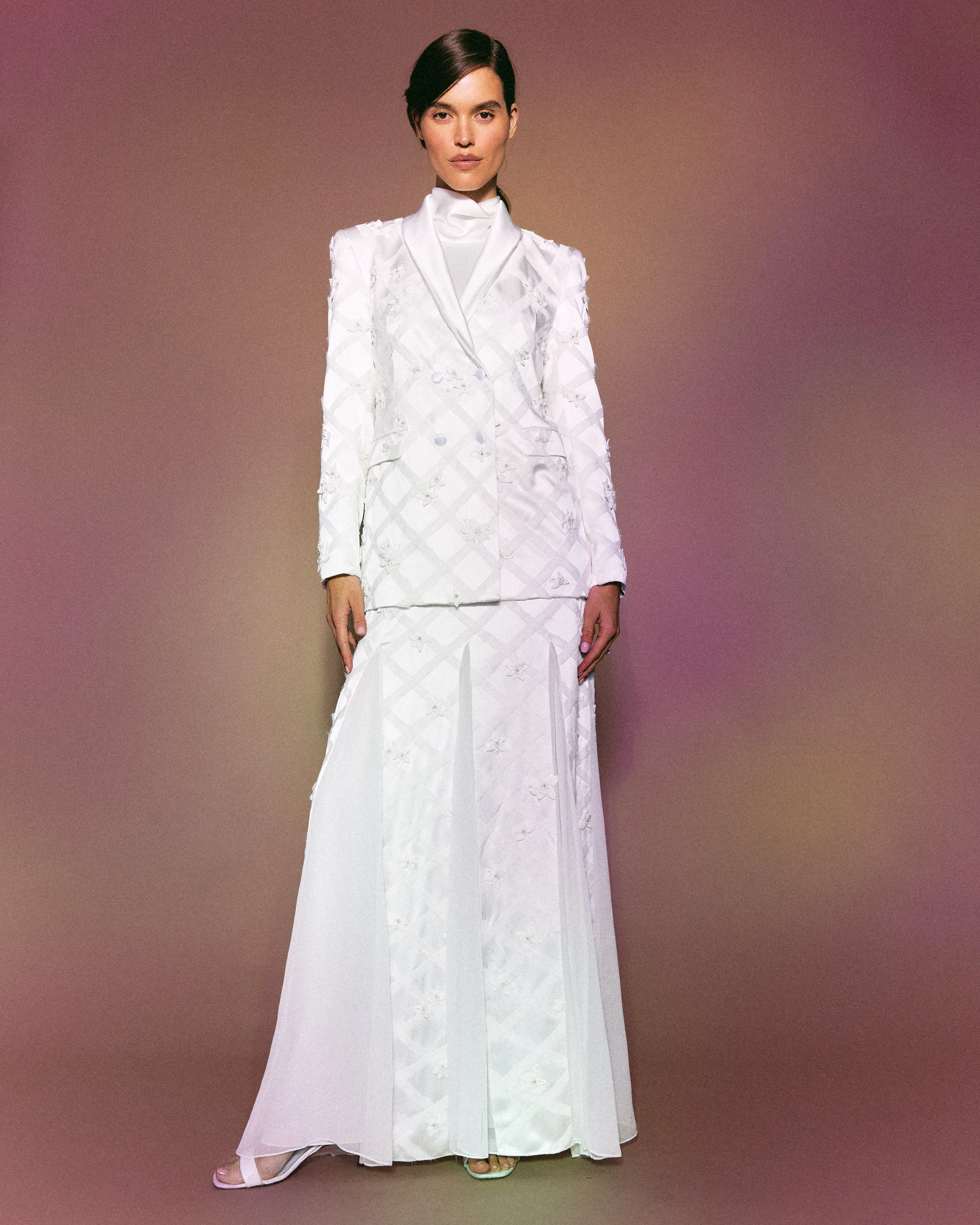 Georgia Blazer in Ivory Satin With Lattice Embellishment - Image 6