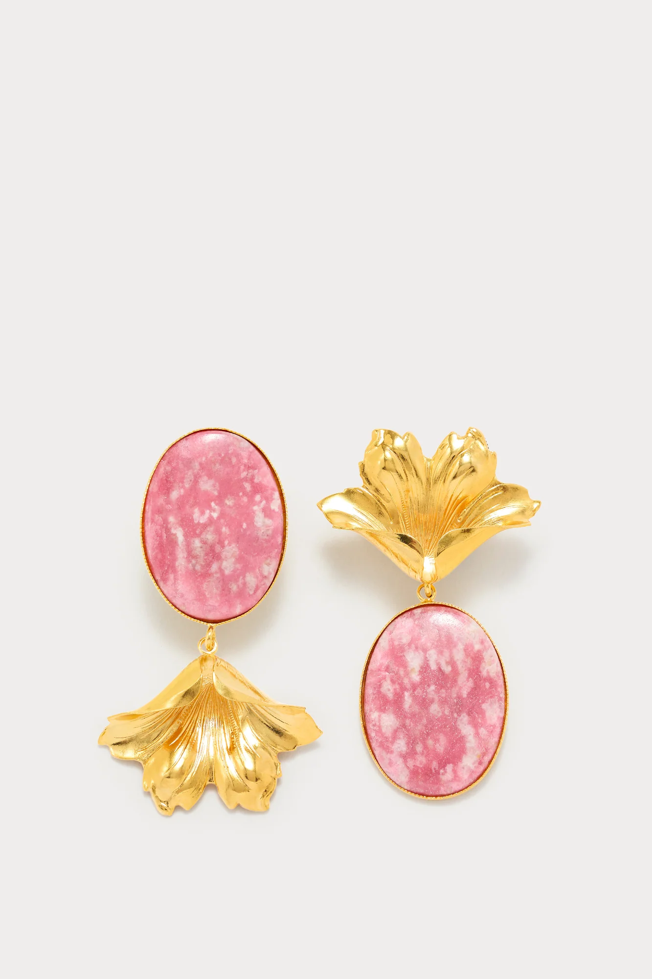Gold Flower Stud Earrings With Oval Drop