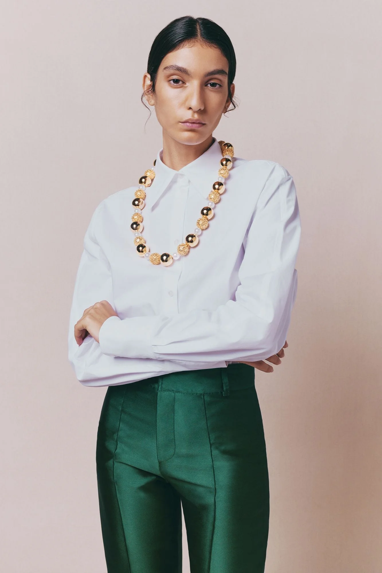 Gold Sculptural Necklace With White Pearl Detail - Image 7