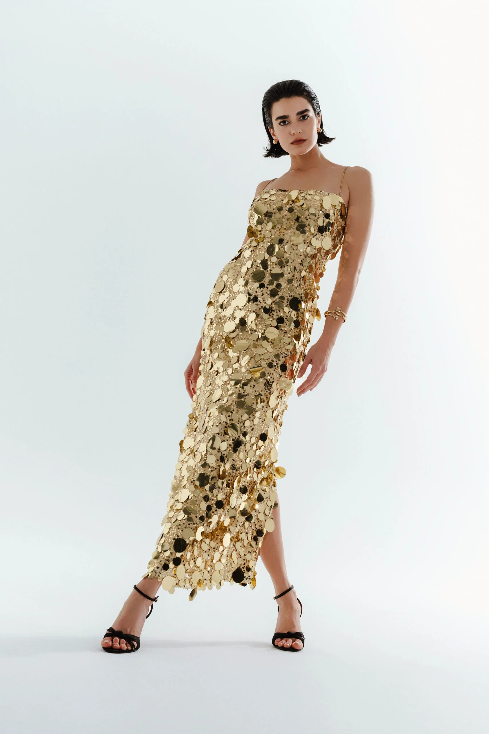 Gold Sequin Bodycon Midi Dress for Women – Spaghetti Strap Party & Bridal After-Party Dress - Image 3