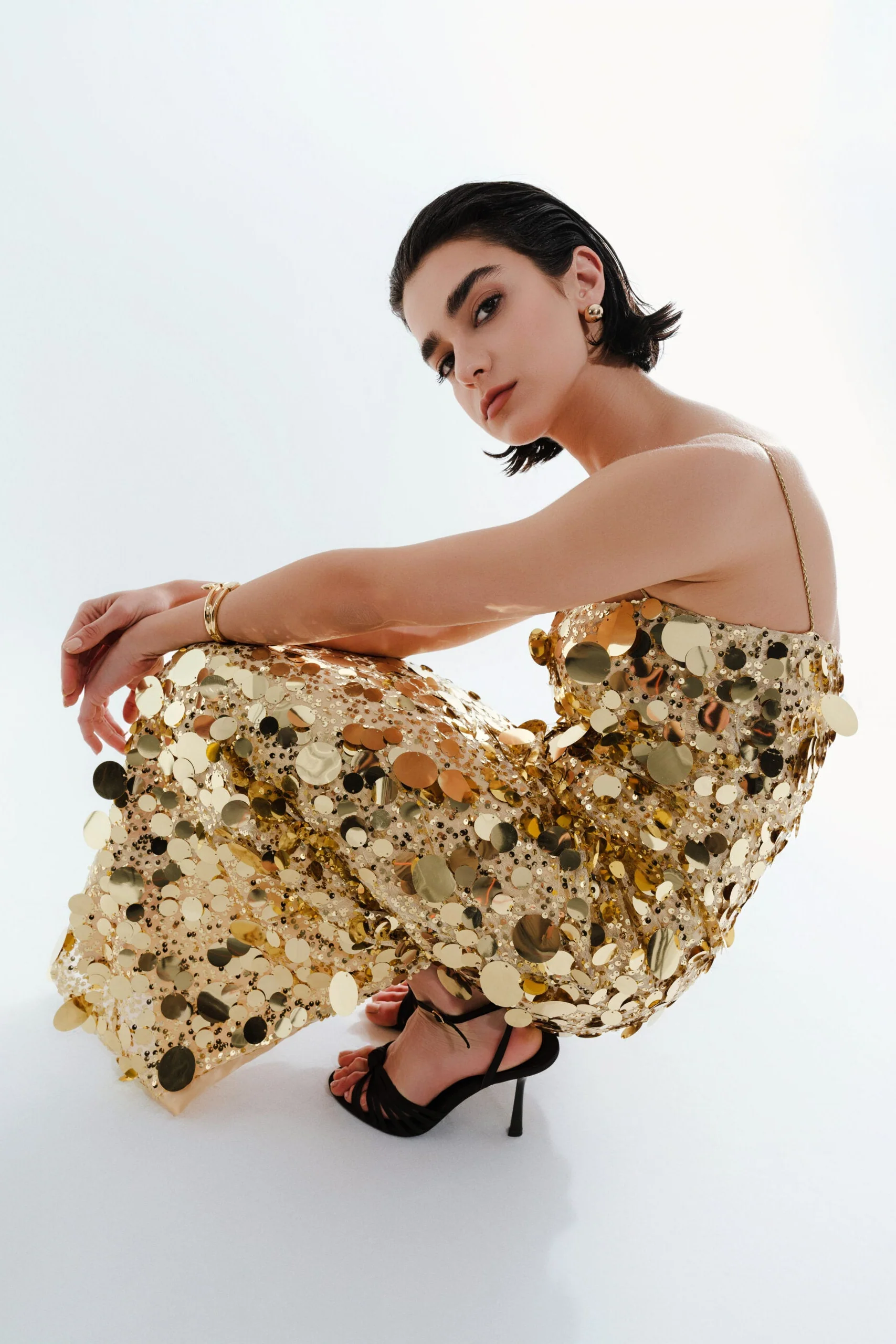 Gold Sequin Bodycon Midi Dress for Women – Spaghetti Strap Party & Bridal After-Party Dress - Image 4