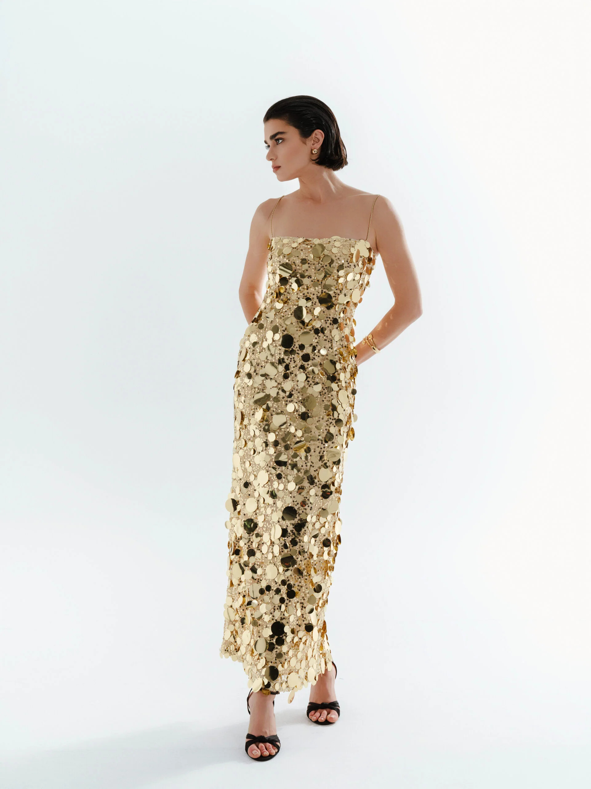 Gold Sequin Bodycon Midi Dress for Women – Spaghetti Strap Party & Bridal After-Party Dress - Image 5