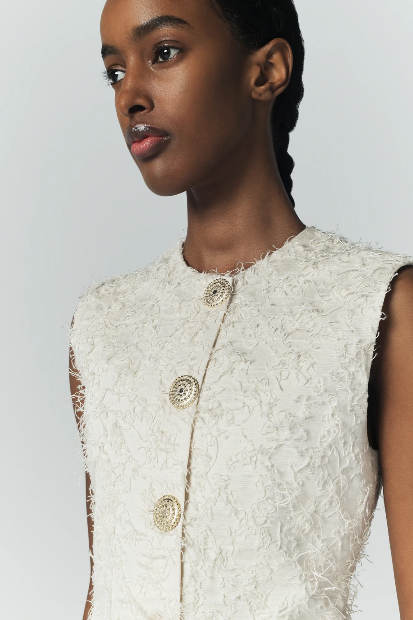 Ivory Textured Mini Dress With Fringed Thread Detail - Image 4