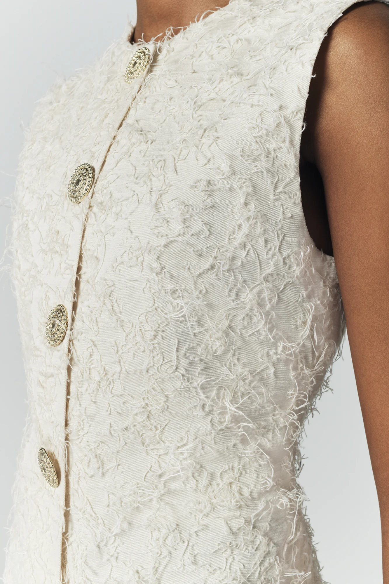 Ivory Textured Mini Dress With Fringed Thread Detail - Image 5
