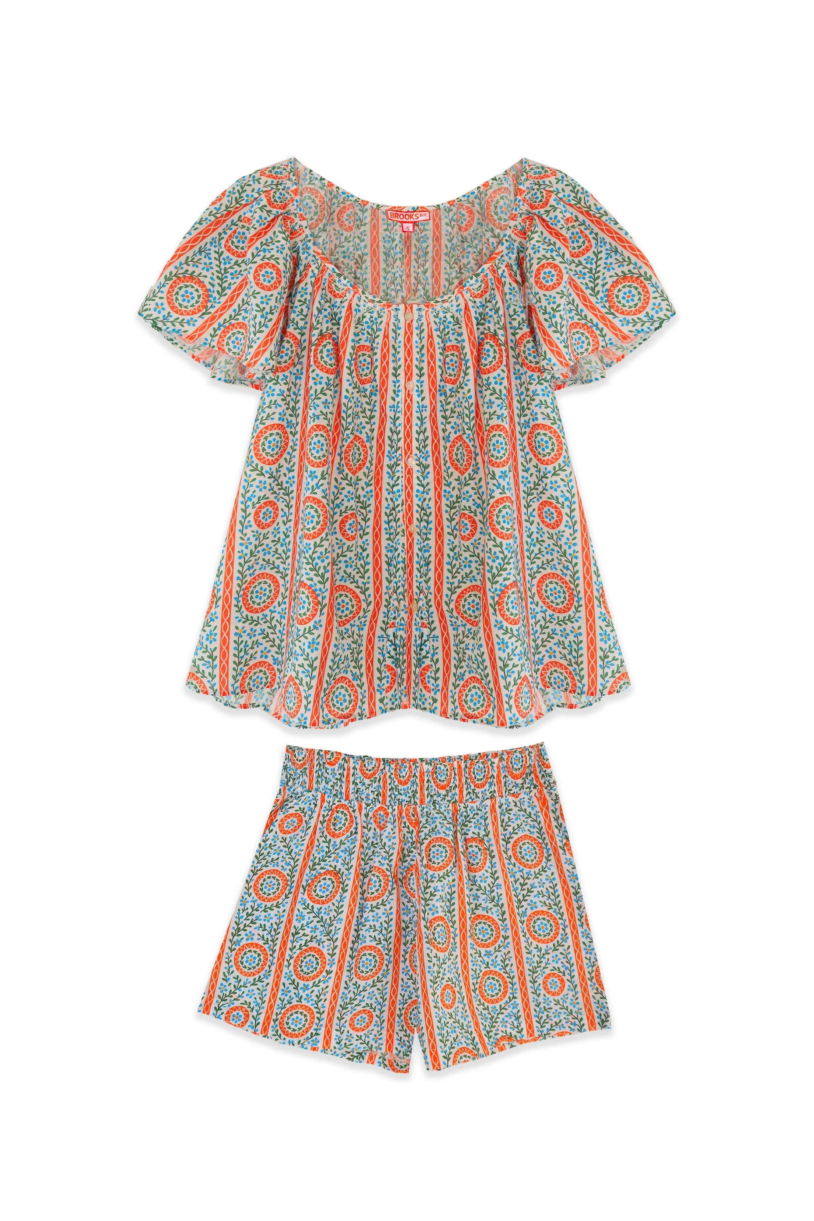 Ivy Flutter Sleeve Pajama Set Short - Floral Trellis