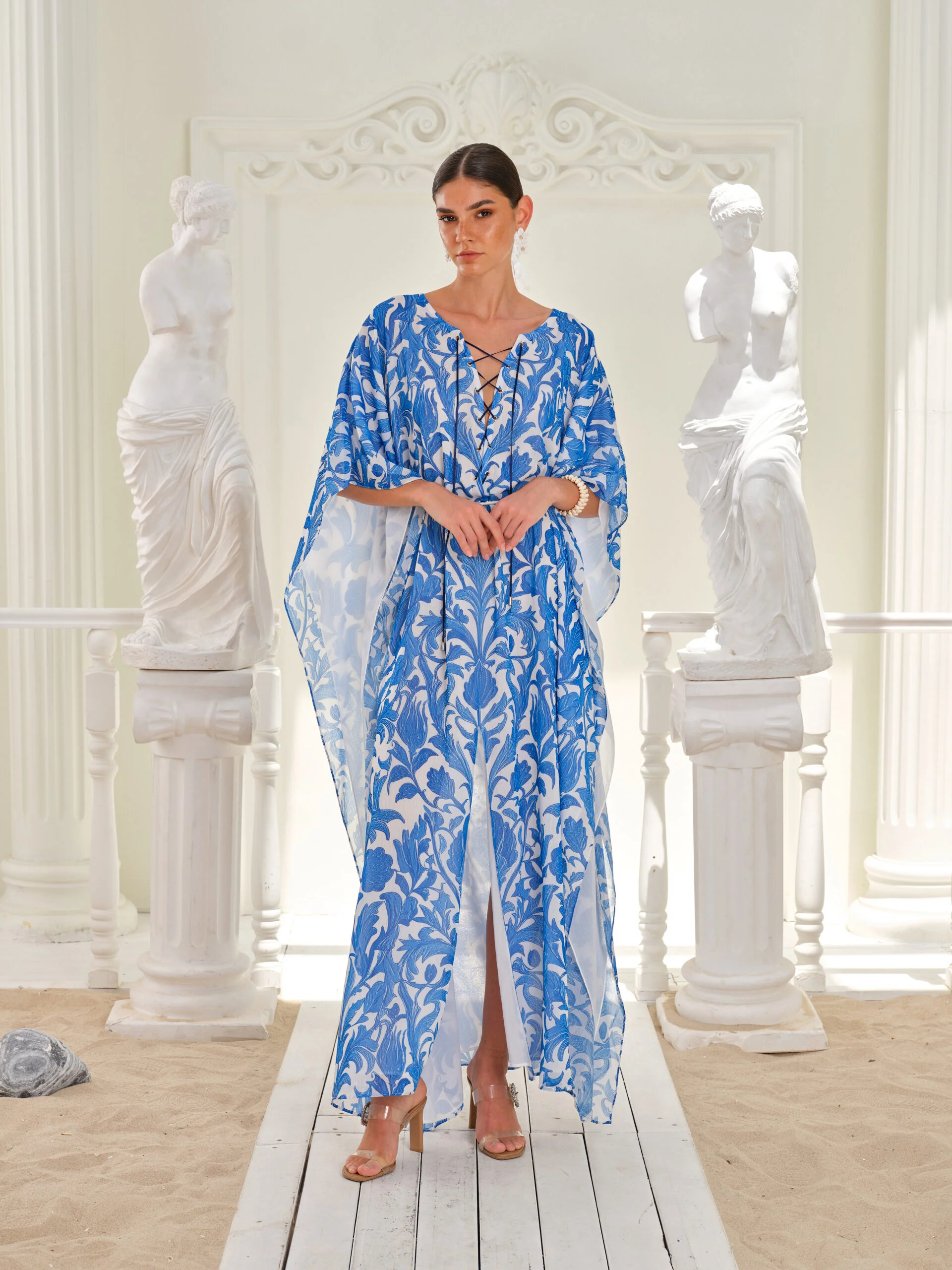 Izara Blue Printed Chiffon Kaftan Dress - Image 5