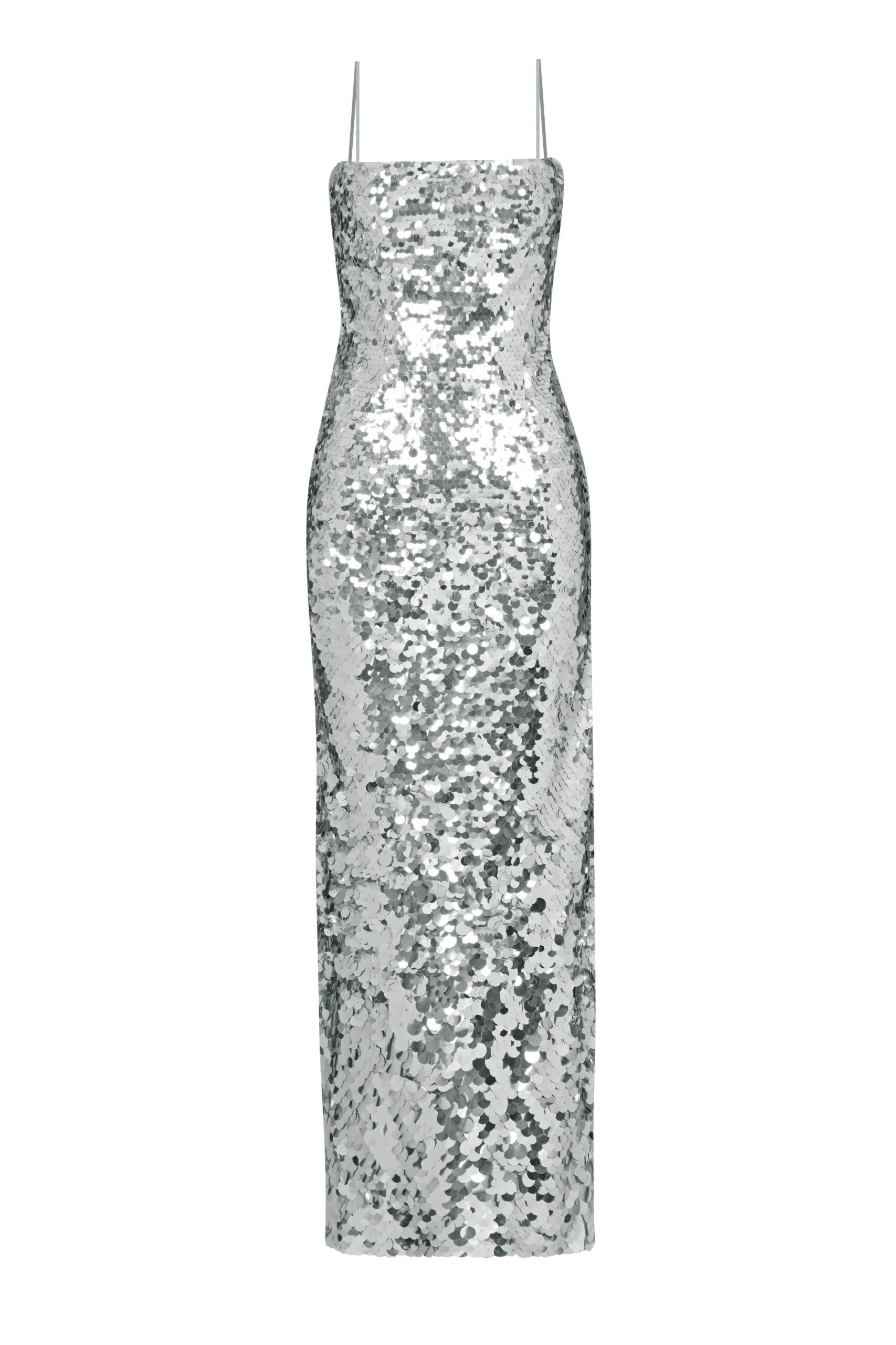 Kayra Dress – Silver Sequin Spaghetti Strap Gown